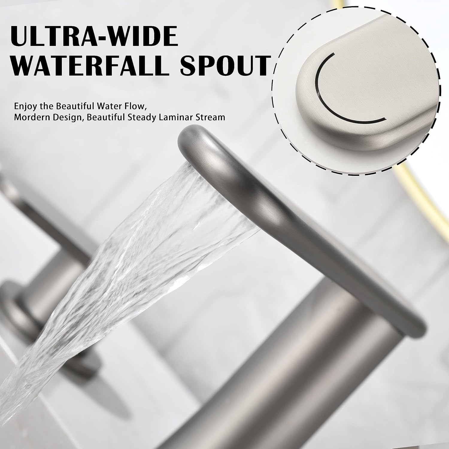 Grifo de baño de 3 agujeros de 8 pulgadas, amplia extensión, níquel cepillado, diseño de boquilla de cascada, núcleo de válvula de cerámica,