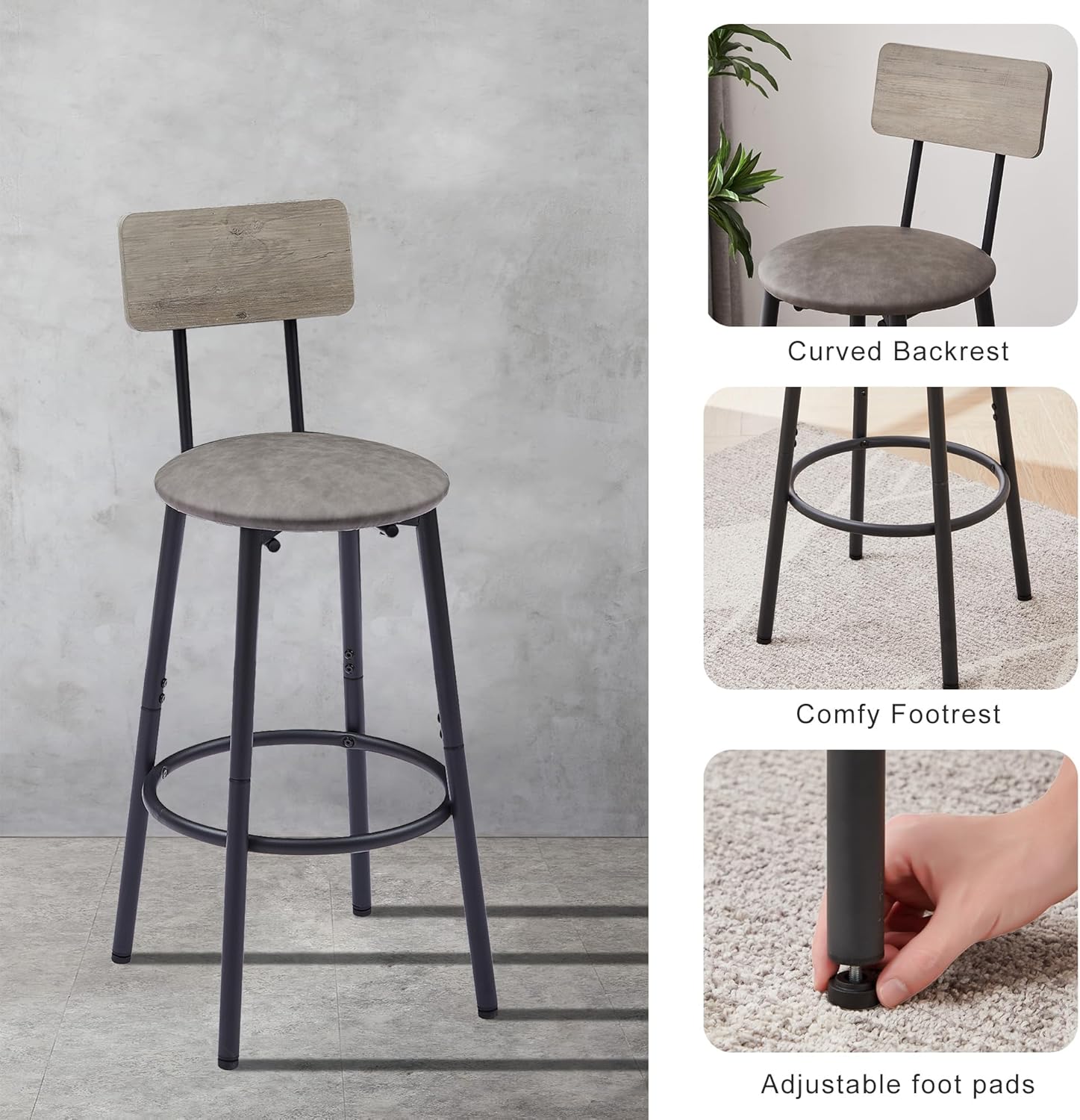 Juego con 2 taburetes de bar PU asiento suave con respaldo y reposapiés, sala de estar, comedor y espacios pequeños, fácil de montar, gris, mesa y