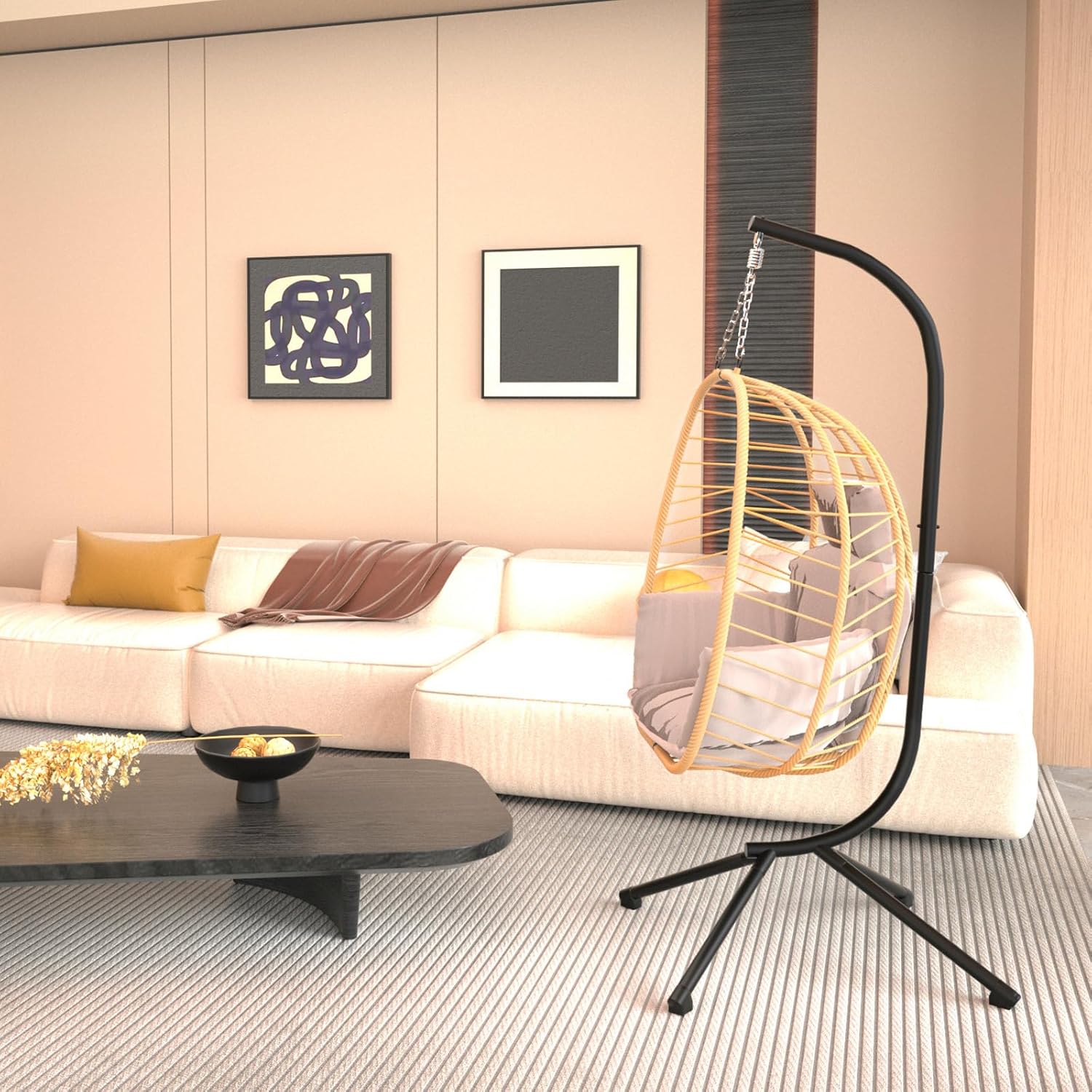 Silla colgante de huevo con soporte, hamaca de patio, silla oscilante, cesta de mimbre de ratán, altura ajustable, resistente a los rayos UV, uso en