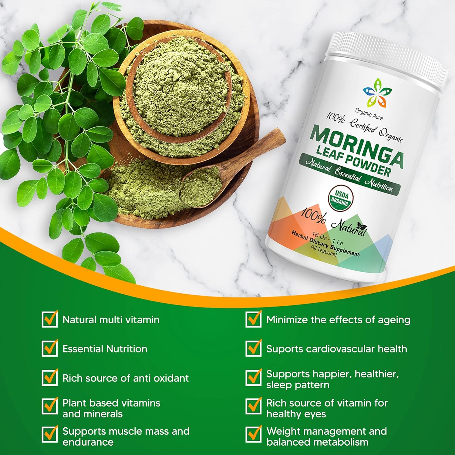 Polvo de hoja de moringa orgánica certificada, 8 onzas. Certificado orgánico por USDA. Aumenta naturalmente la energía, el metabolismo y la