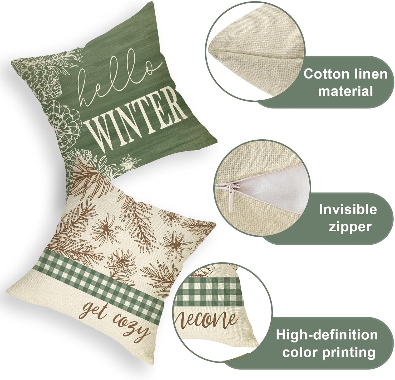 Hello Winter – Juego de 4 fundas de cojín decorativas de cono de pino de 20 x 20 pulgadas, Let It Snow con hojas de pino verde, búfalo a cuadros,