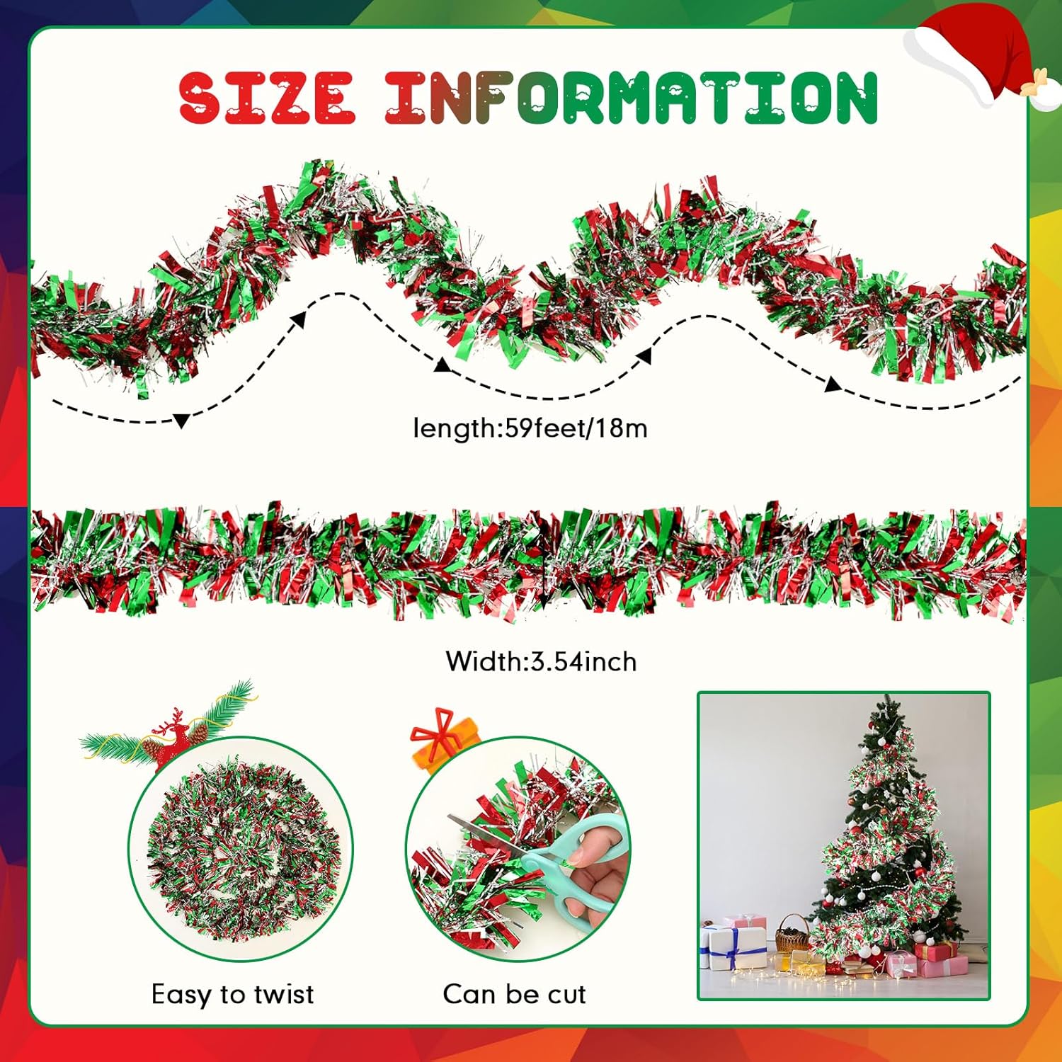 Guirnalda de oropel de Navidad de 118 pies con brillantina, guirnalda metálica para árbol de Navidad, guirnalda colgante de techo brillante para