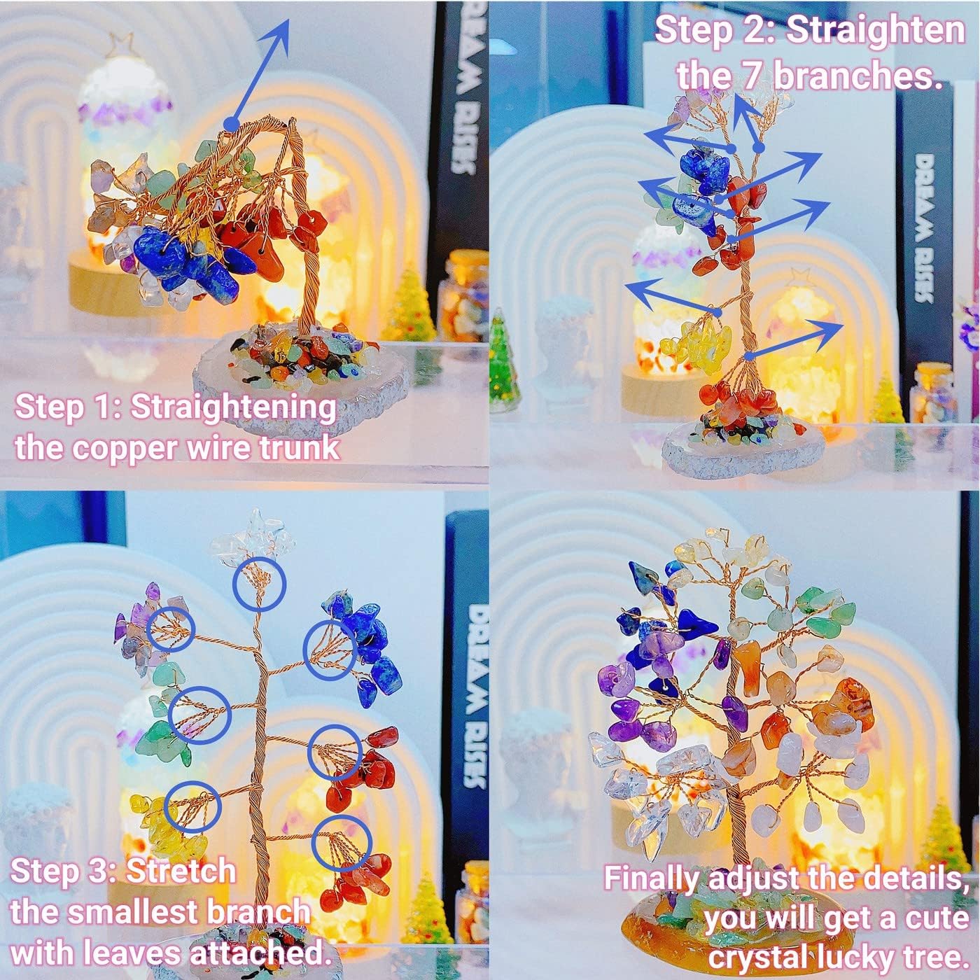 QINJIEJIE Decoración de árbol de cristales curativos de ópalo, decoración de piedra natural, árbol de piedras preciosas de reiki, base de rodajas de