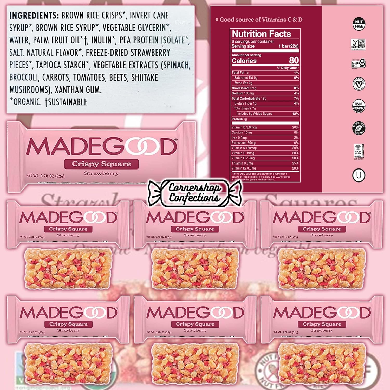 MadeGood Crispy Squares – Paquete variado de 36 unidades, 3 sabores incluidos, 12 barras de cada sabor, chispas de chocolate, fresa y vainilla,