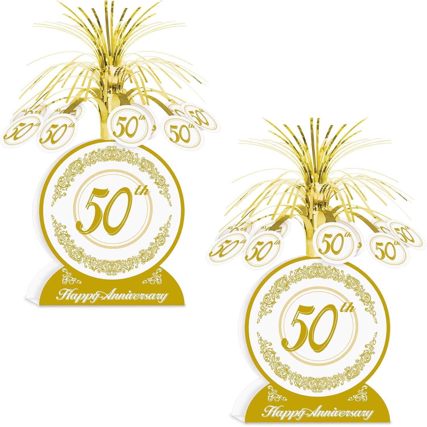 Beistle 2 piezas de 13 pulgadas 50 aniversario de boda decoración de mesa centros de mesa para celebraciones temáticas doradas, blancodorado