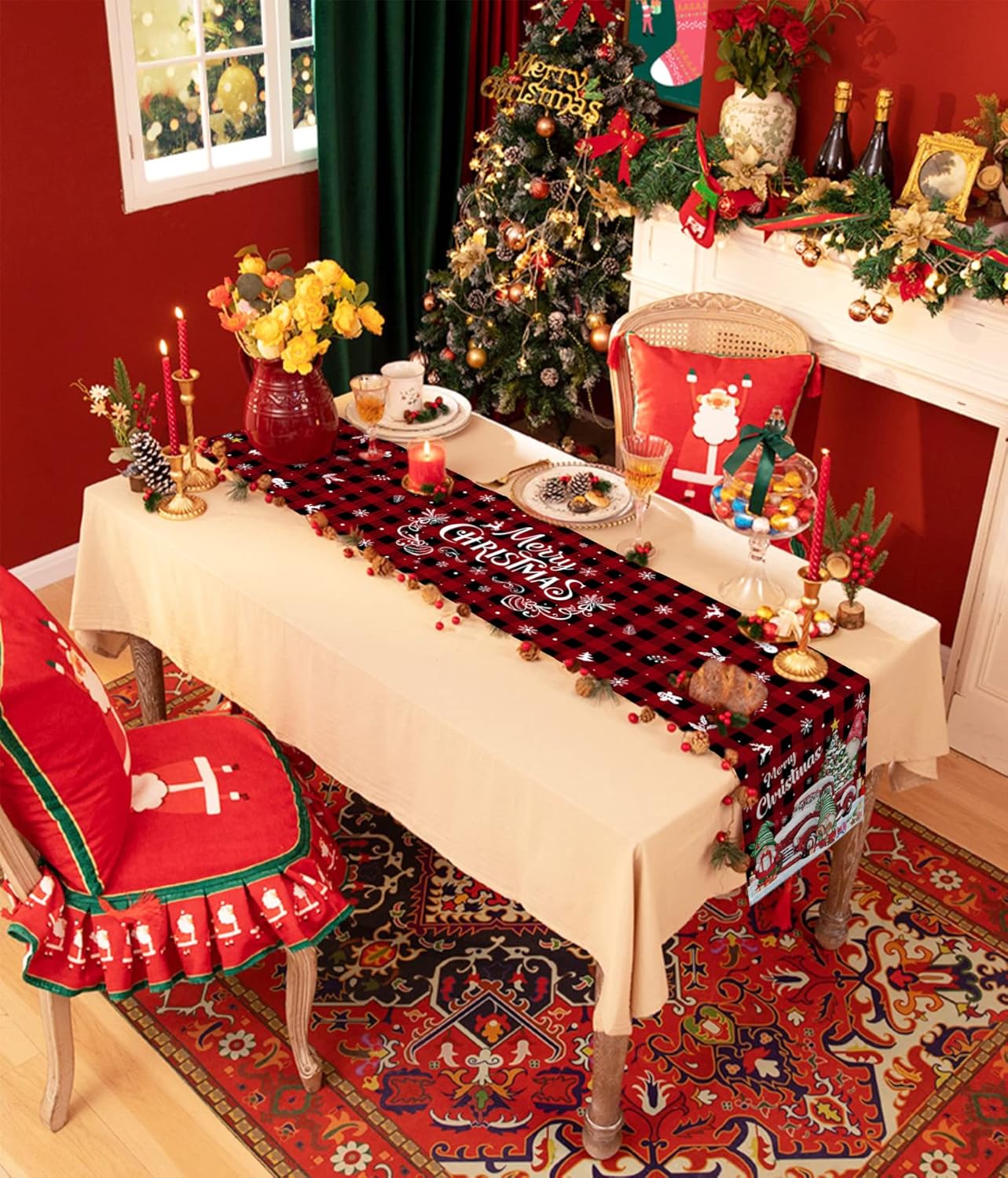 Camino de mesa de Navidad de 90 pulgadas de largo, algodón y lino, bufandas, gnomos a cuadros rojos, camión, copo de nieve, árbol de Navidad,