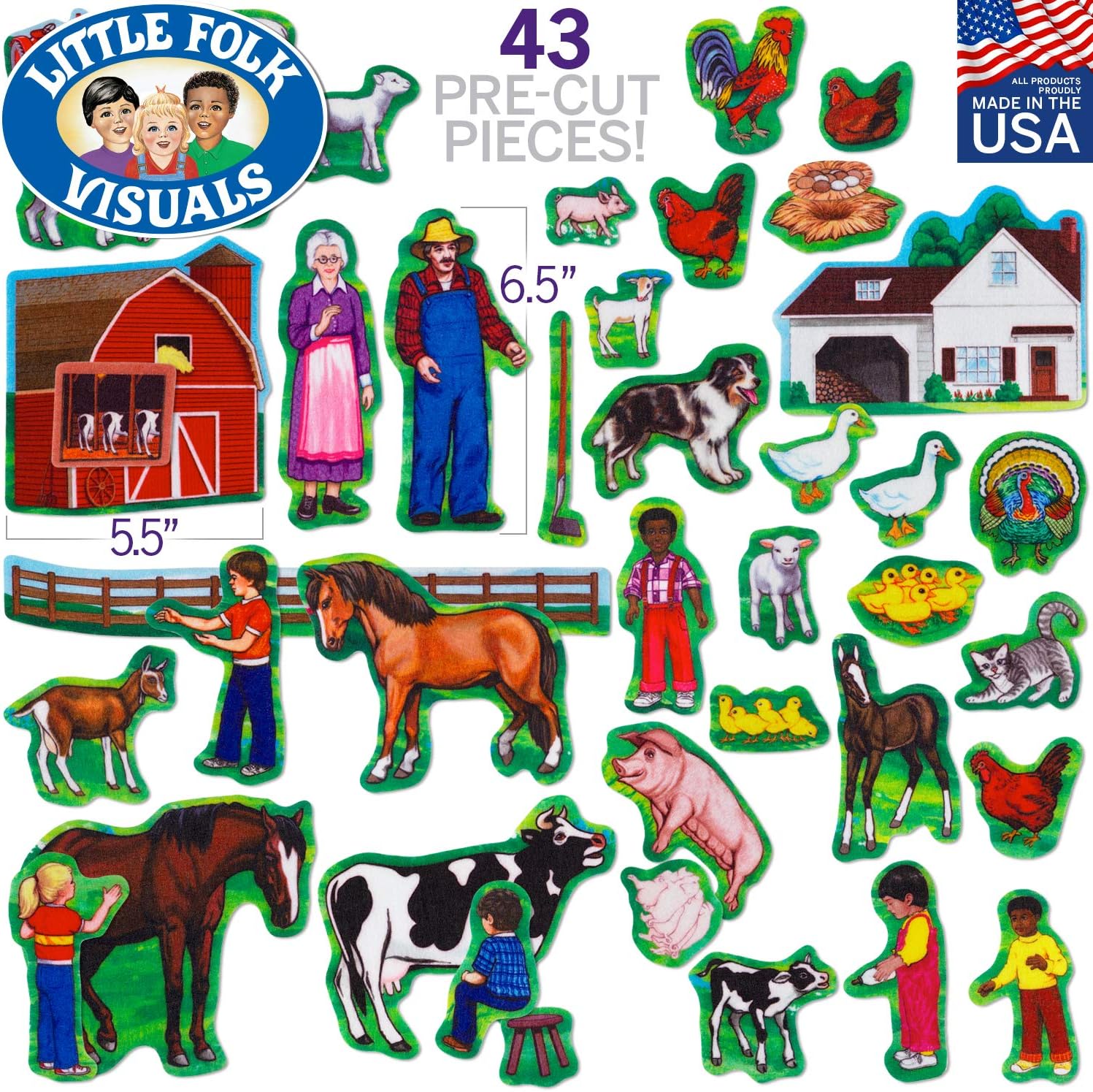 Little Folk Visuals Juego de granja con animales de granja y actividades, juego de juguetes de aprendizaje de fieltro, figuras de tablero de fieltro