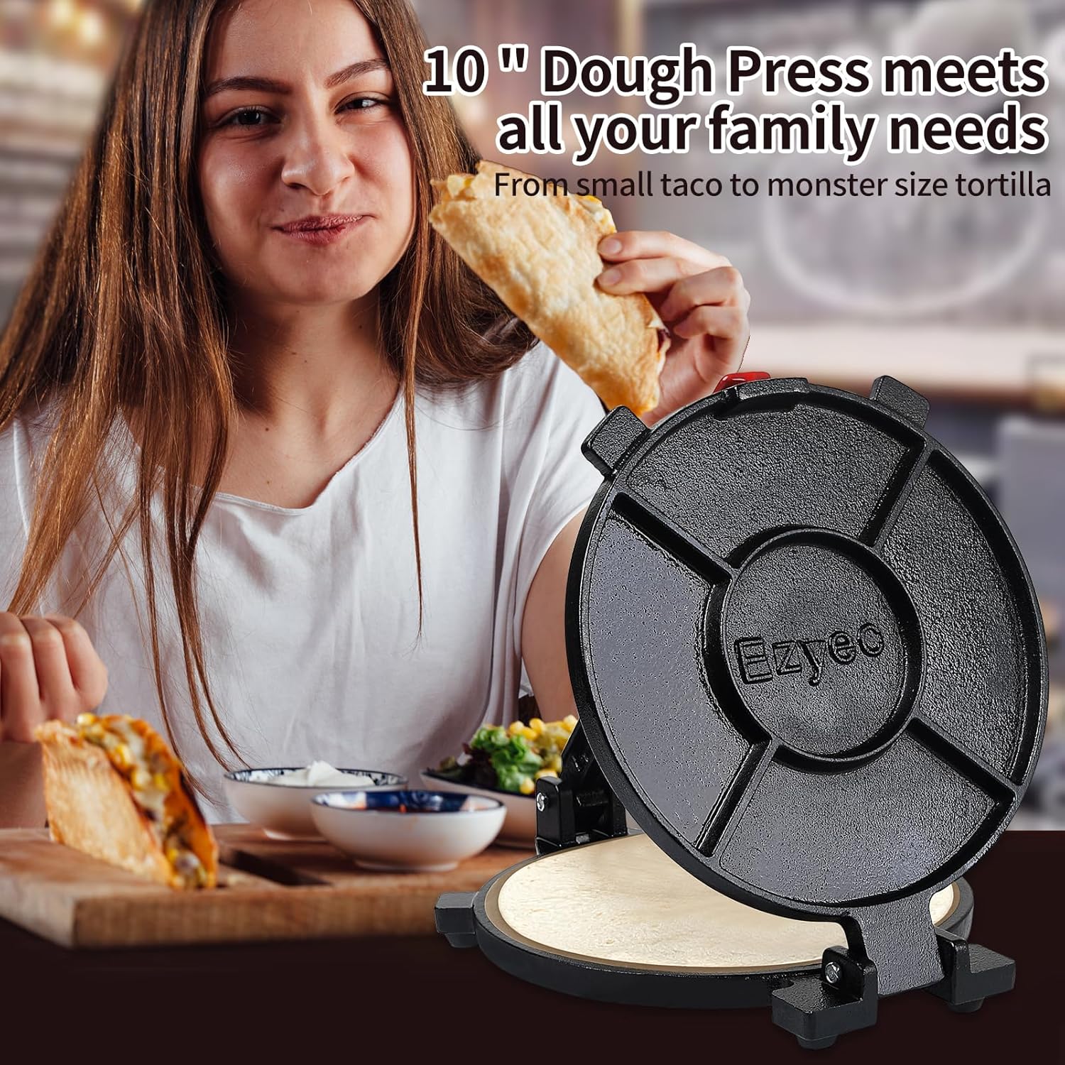 Cast Iron Tortilla Press 8-10 Inch, Large Roti Maker with Silicone Grip Handle for Roti, Taco, Flour, Corn, Dough, Chapati, Sturdy Prensa Para