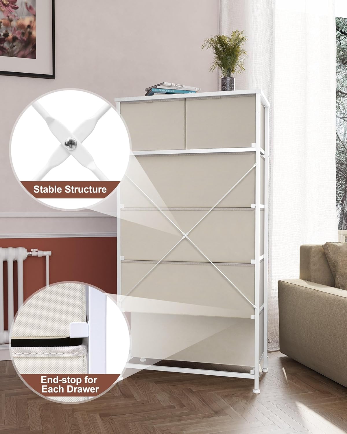 Crestlive Products Torre de almacenamiento vertical para aparador, marco de acero resistente, parte superior de madera, cubos de tela fáciles de