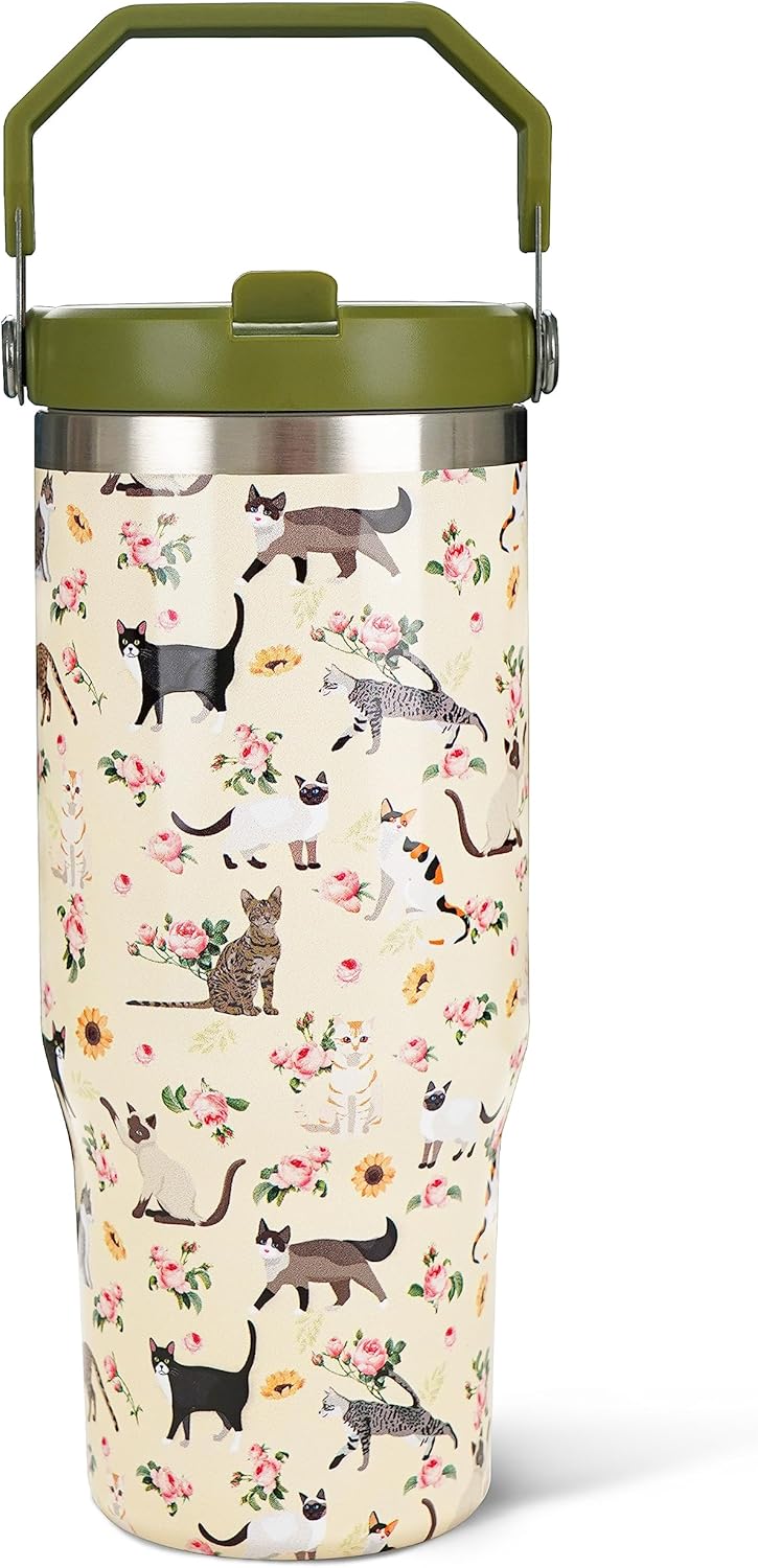 Exacmos Vaso de 30 onzas con diseño floral de gato con asa y pajita, vaso de café aislado al vacío de acero inoxidable, botella de agua de viaje,