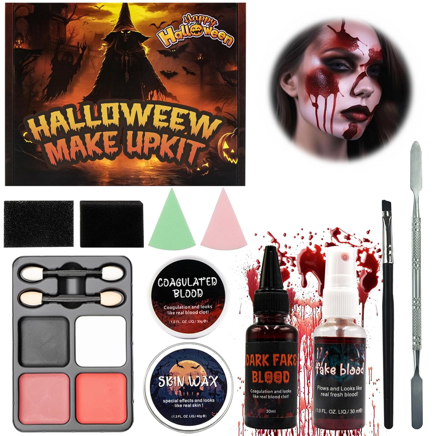 SFX – Kit de maquillaje para Halloween, suministros de maquillaje de efectos especiales  11 piezas con cera de cicatrices, sangre coagulada,