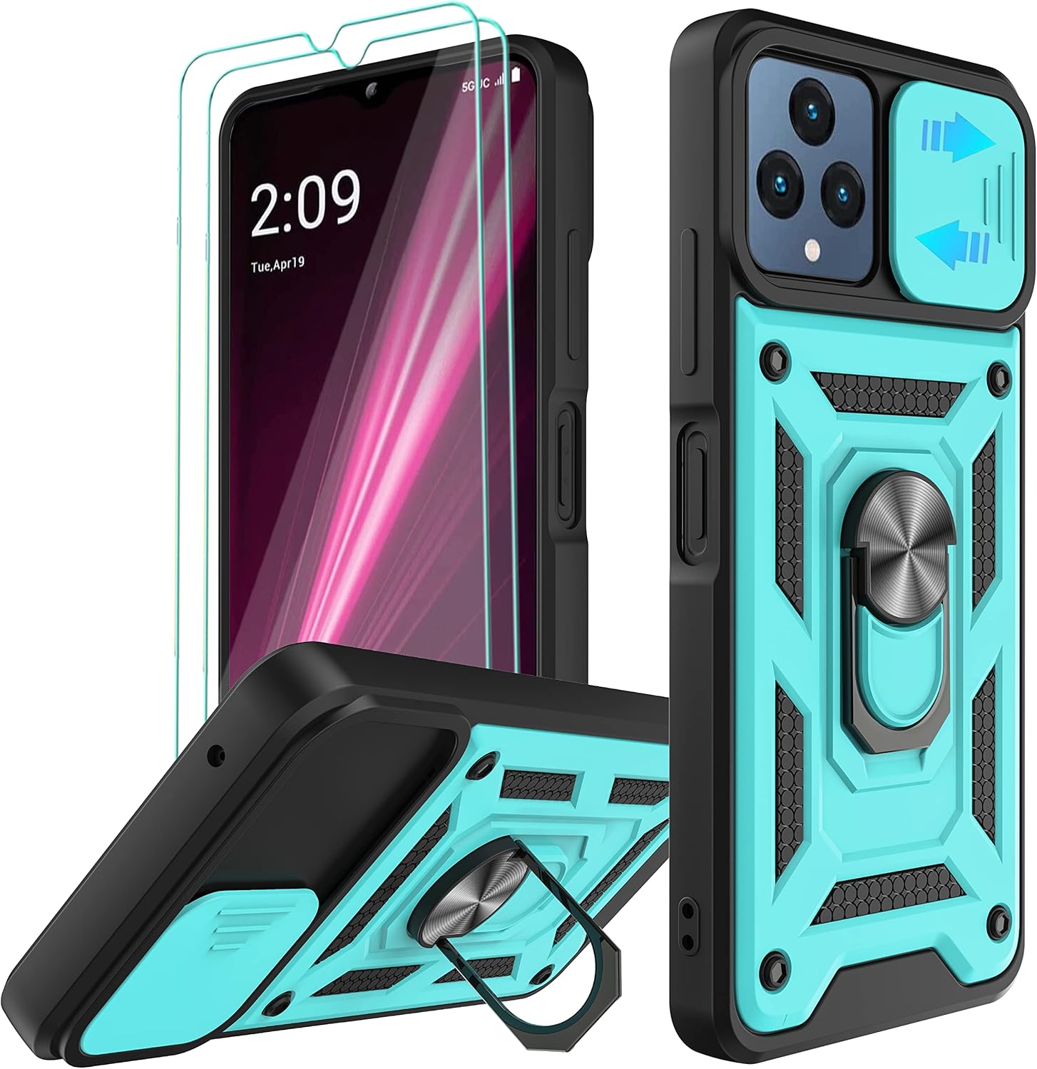 AKINIK Funda para T-Mobile REVVL 6 5G, Revvl 6X 5G con cubierta deslizante para cámara y 2 protectores de pantalla HD, soporte de anillo de rotación