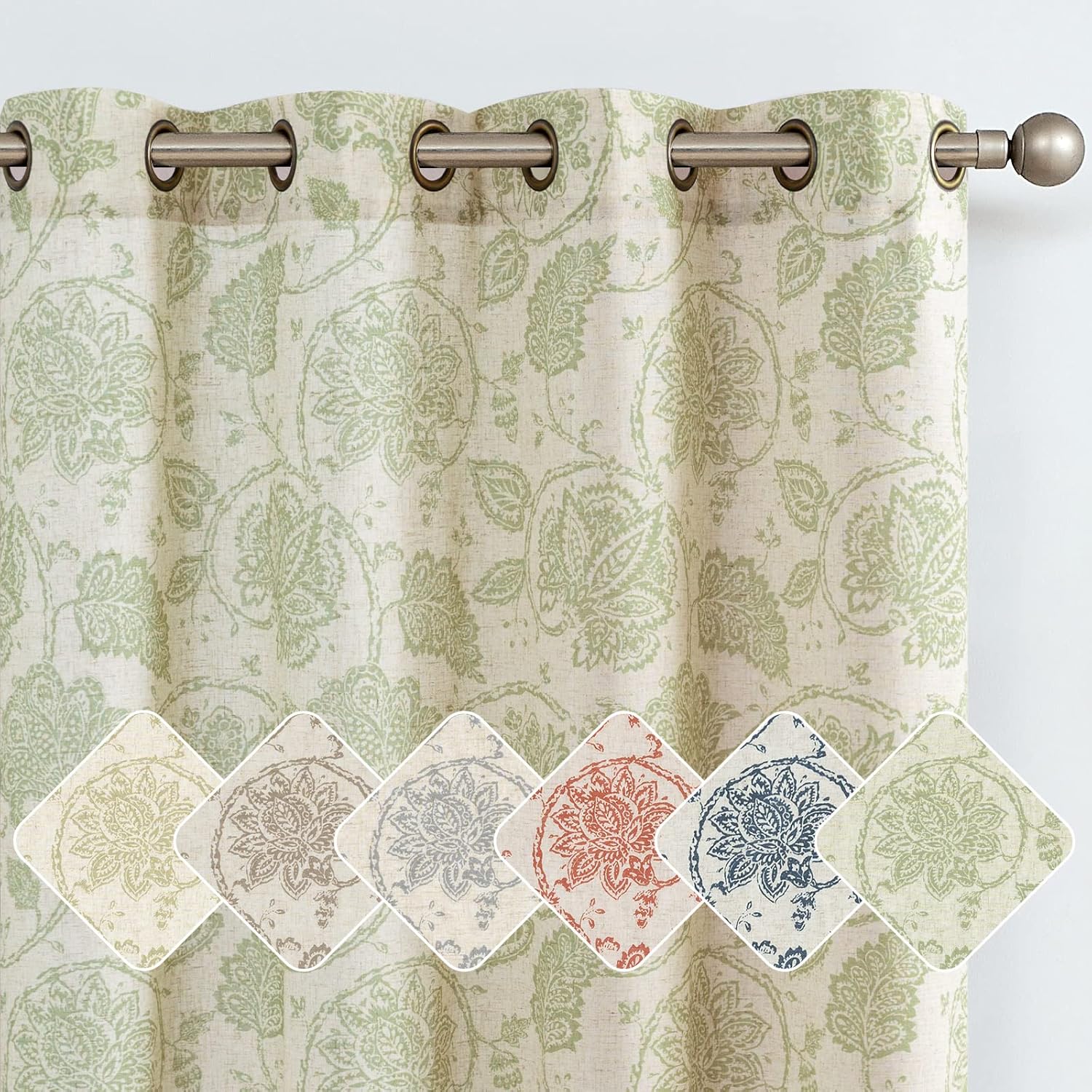 jinchan Cortinas de lino para sala de estar, cortinas con estampado de cachemira floral verde de 84 pulgadas de largo, cortinas Ikat filtrantes de