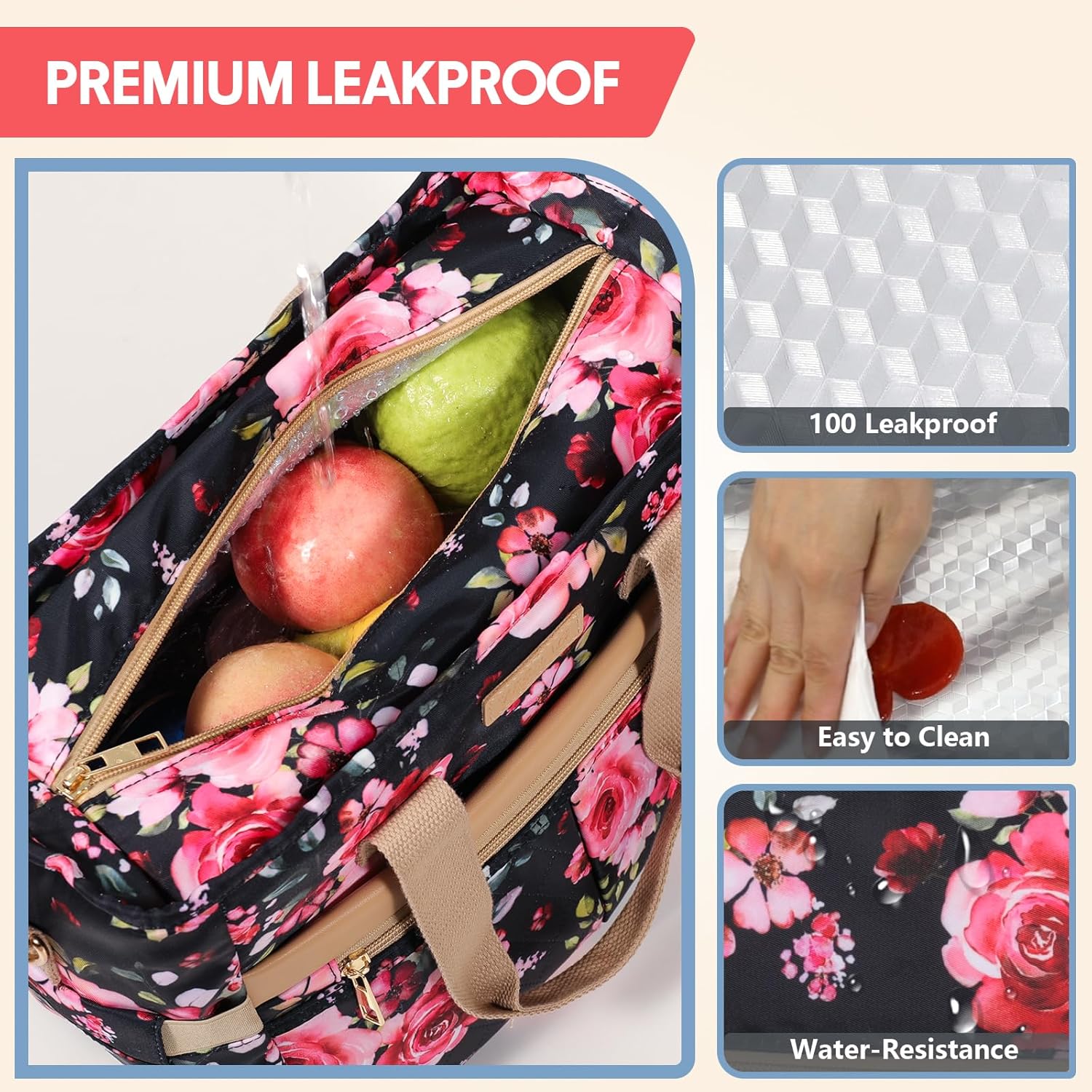 Bolsa de almuerzo para mujer, pequeña lonchera aislada, bolsa de mano de apertura amplia con correa de hombro extraíble para picnic, trabajo,