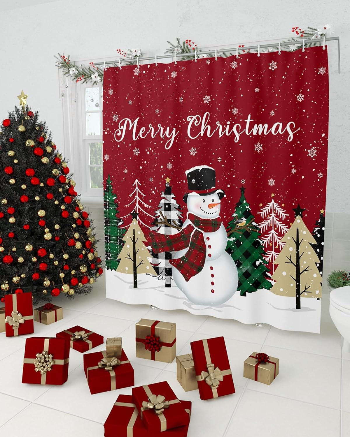 Cortina de ducha de Navidad con muñeco de nieve rojo, verde y negro a cuadros, cortinas de ducha para bañobañera, juego de cortina de ducha de tela