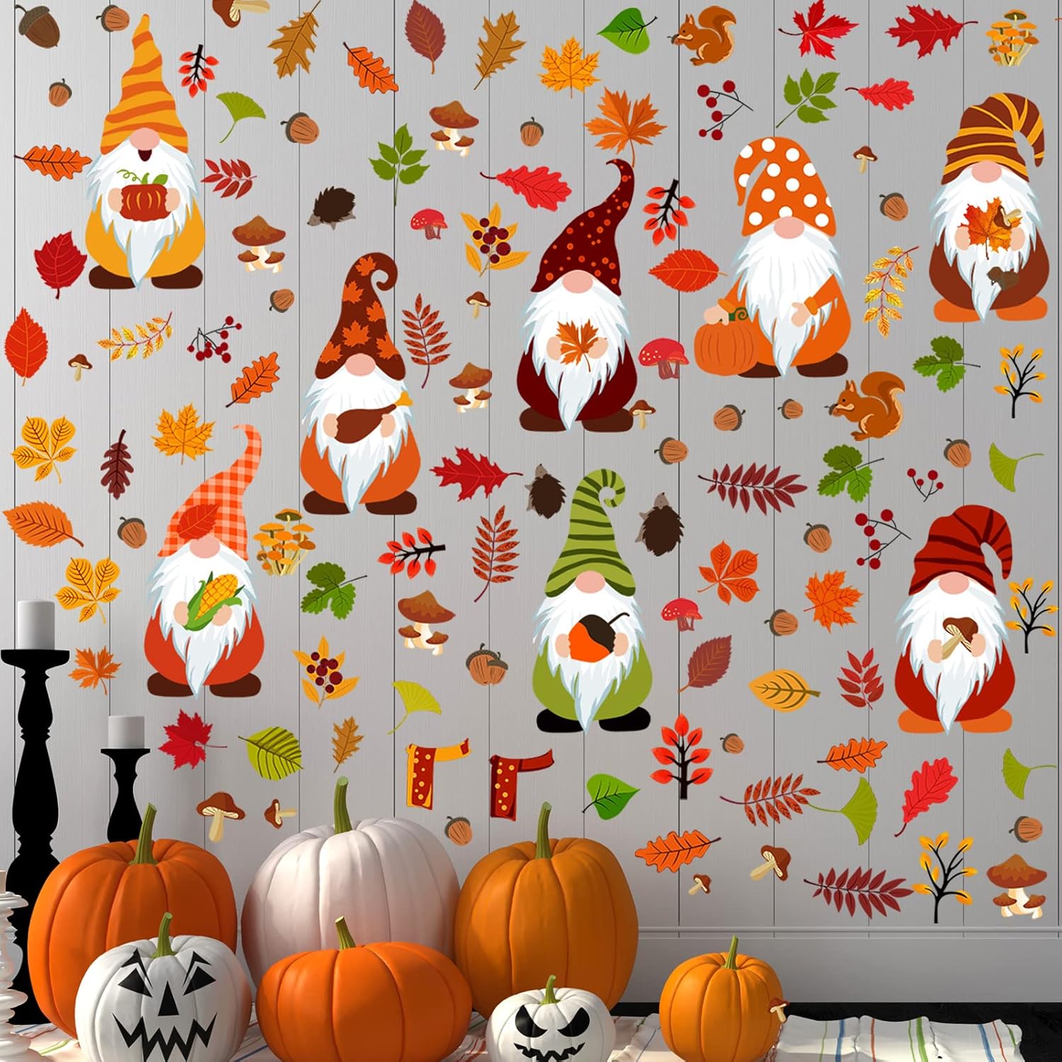 123 calcomanías de pared de gnomos de otoño, calcomanías de pared de Acción de Gracias, hojas de arce de otoño, decoración de pared, calcomanías de