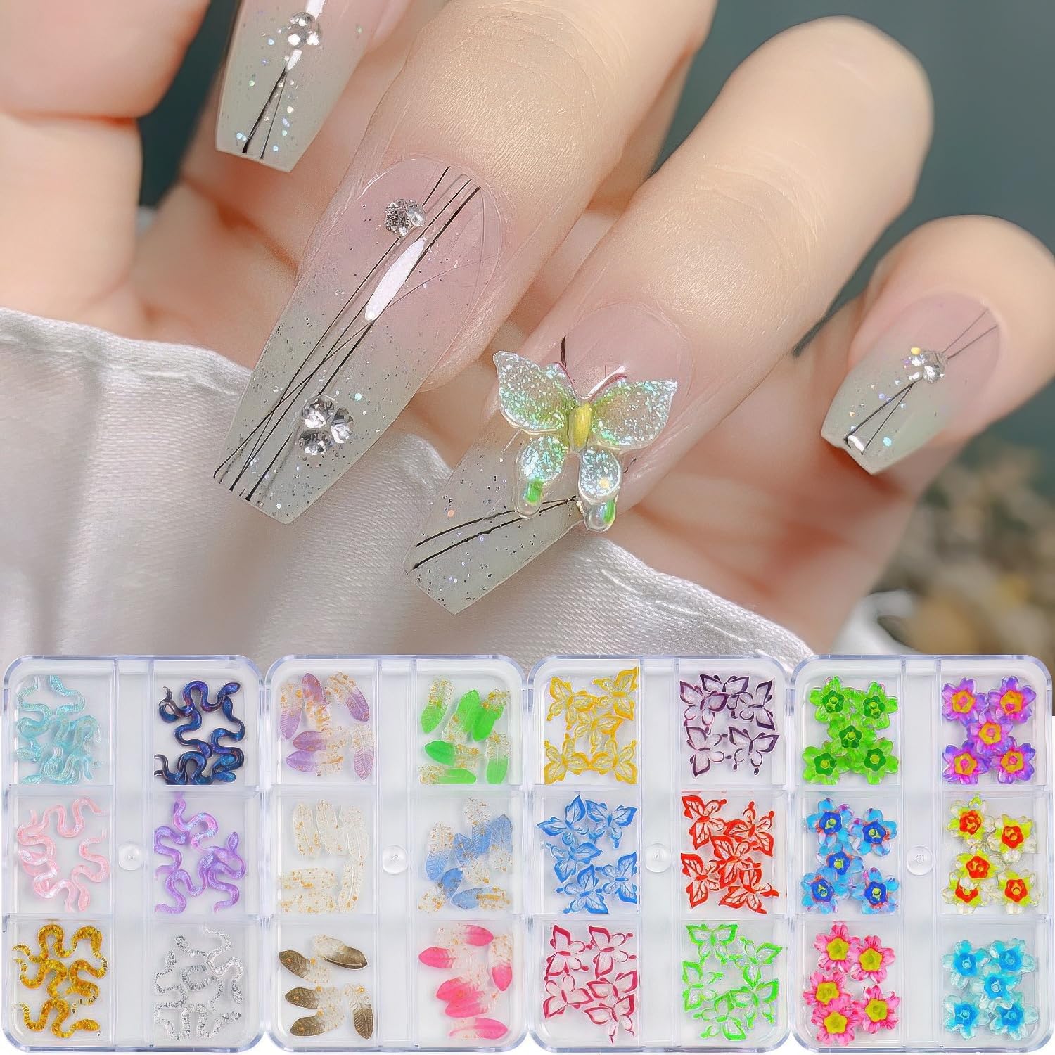6 encantos de uñas en caja de 36 rejillas 3D para decoración de uñas, dijes de resina de color acrílico, blanco, rosa, negro, amarillo, verde,
