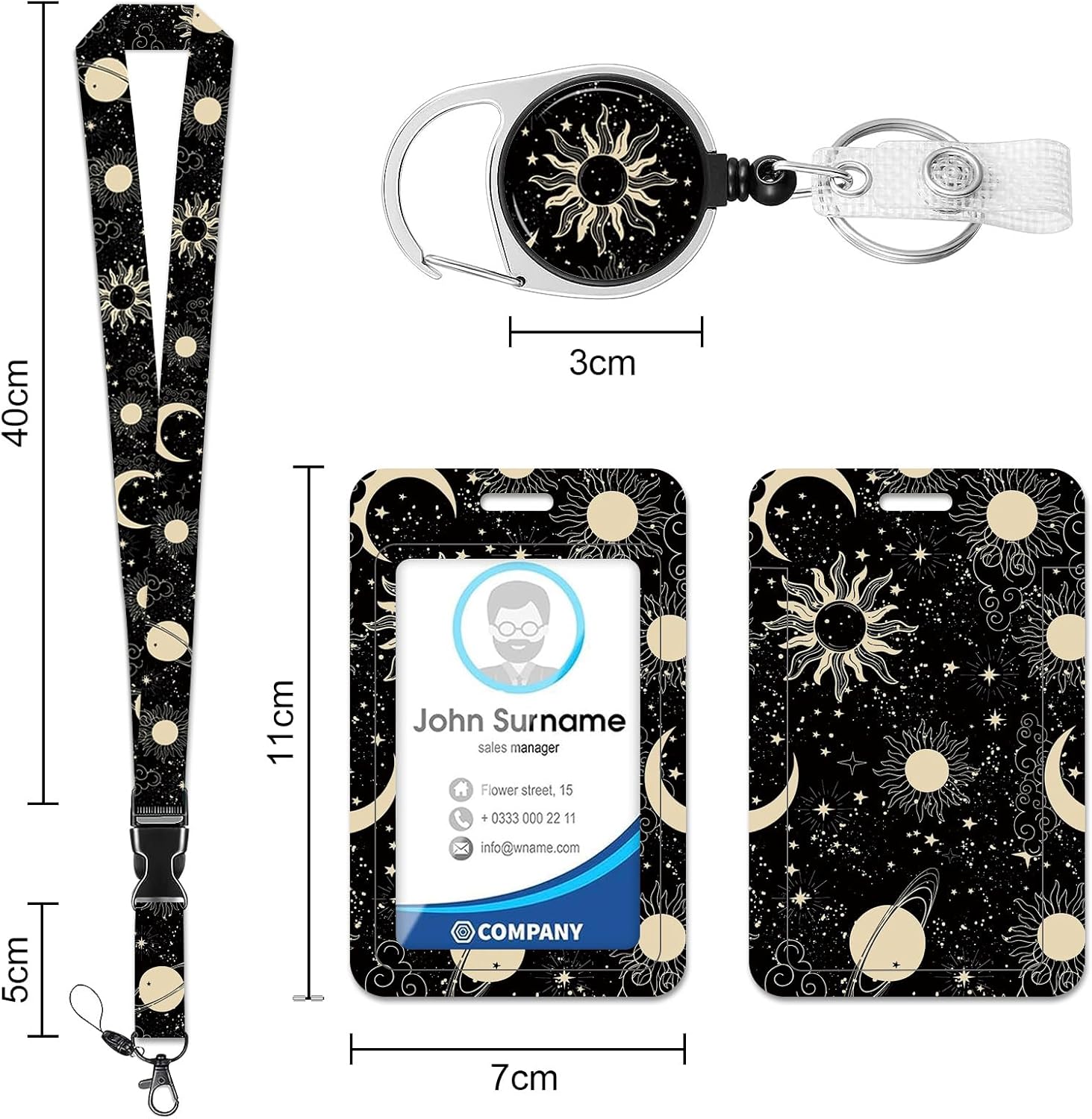 HAKUNEI Soporte para tarjeta de identificación con cordón y clip retráctil para carrete de insignia, luna, sol, tarjeta astrológica, etiqueta de