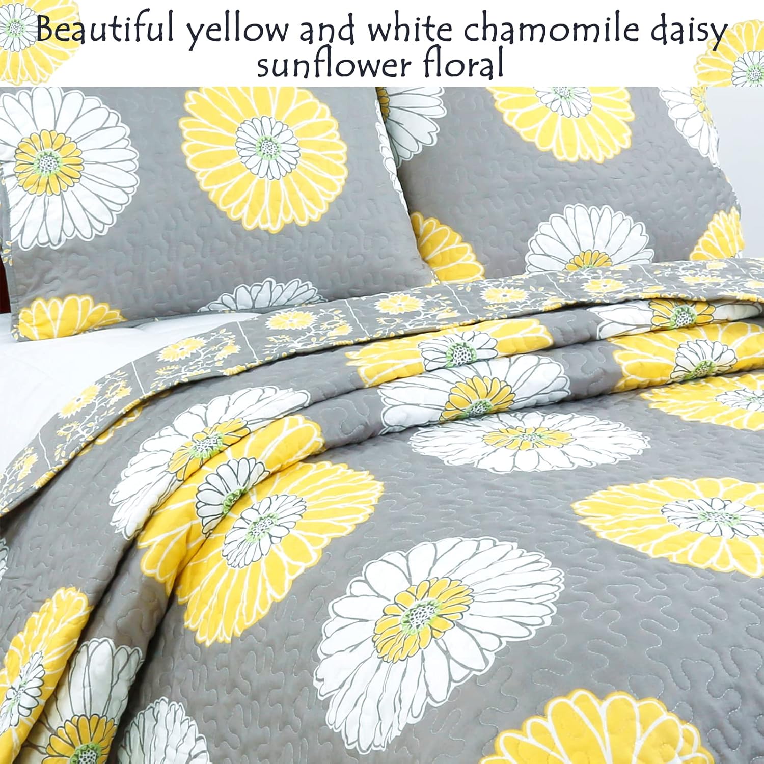 Cozy Line Home Fashions Juego de ropa de cama reversible reversible con diseño floral de margaritas, blanco, gris, amarillo, blanco, gris, colcha
