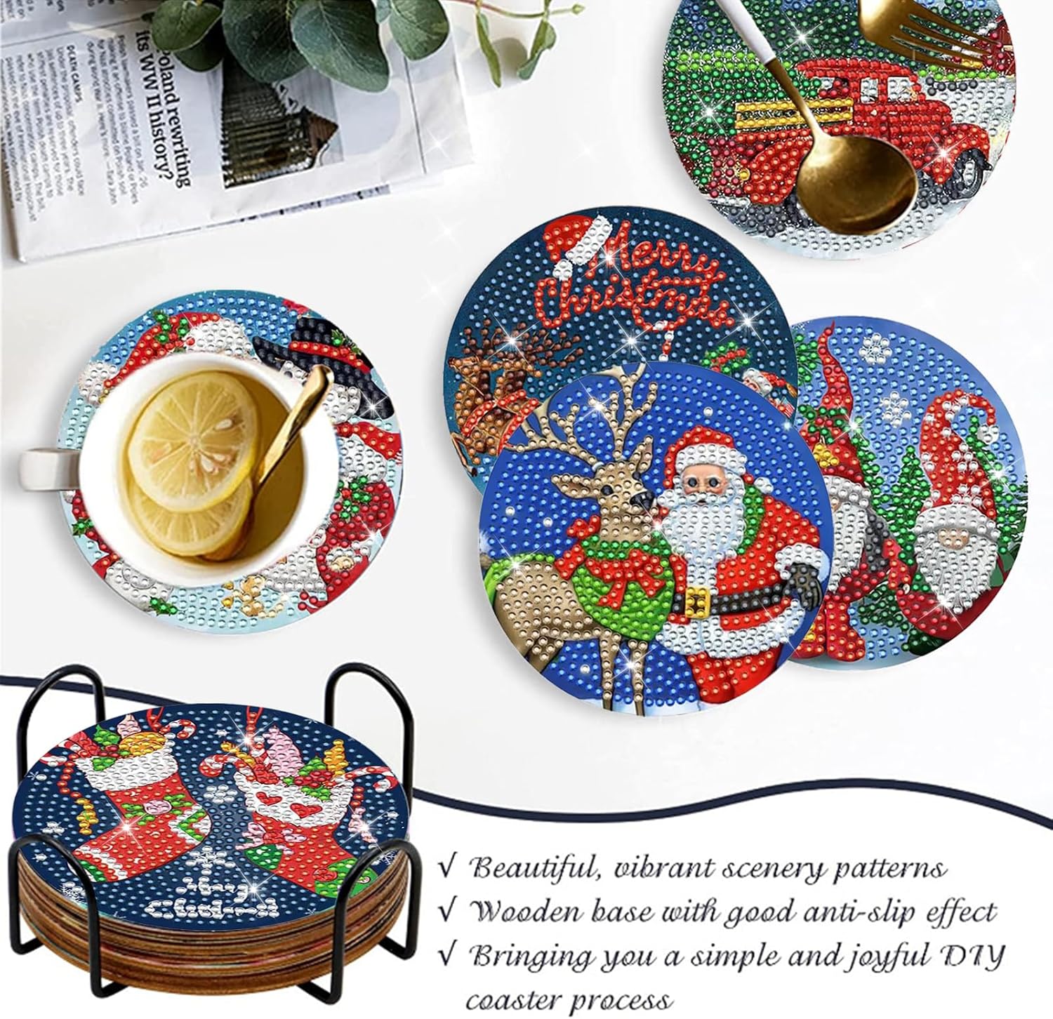 Juego de 6 posavasos de arte de diamantes de Navidad, posavasos de pintura de diamantes de Navidad con soporte 5D para principiantes, adultos y niños