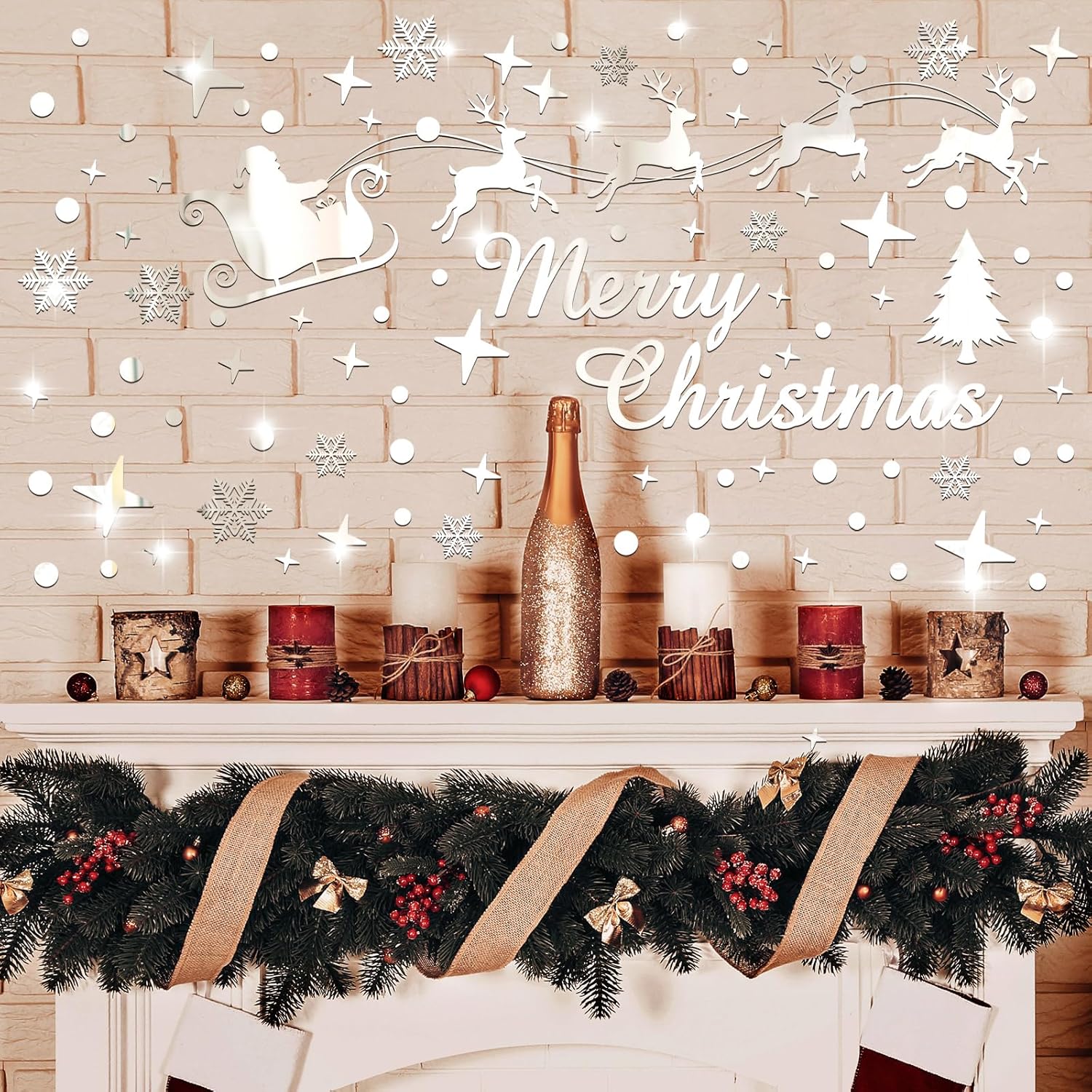 Calcomanías de pared de espejo de Navidad, Feliz Navidad, Papá Noel, reno, copos de nieve, espejo de ventana, se adhiere a la pared, calcomanías de