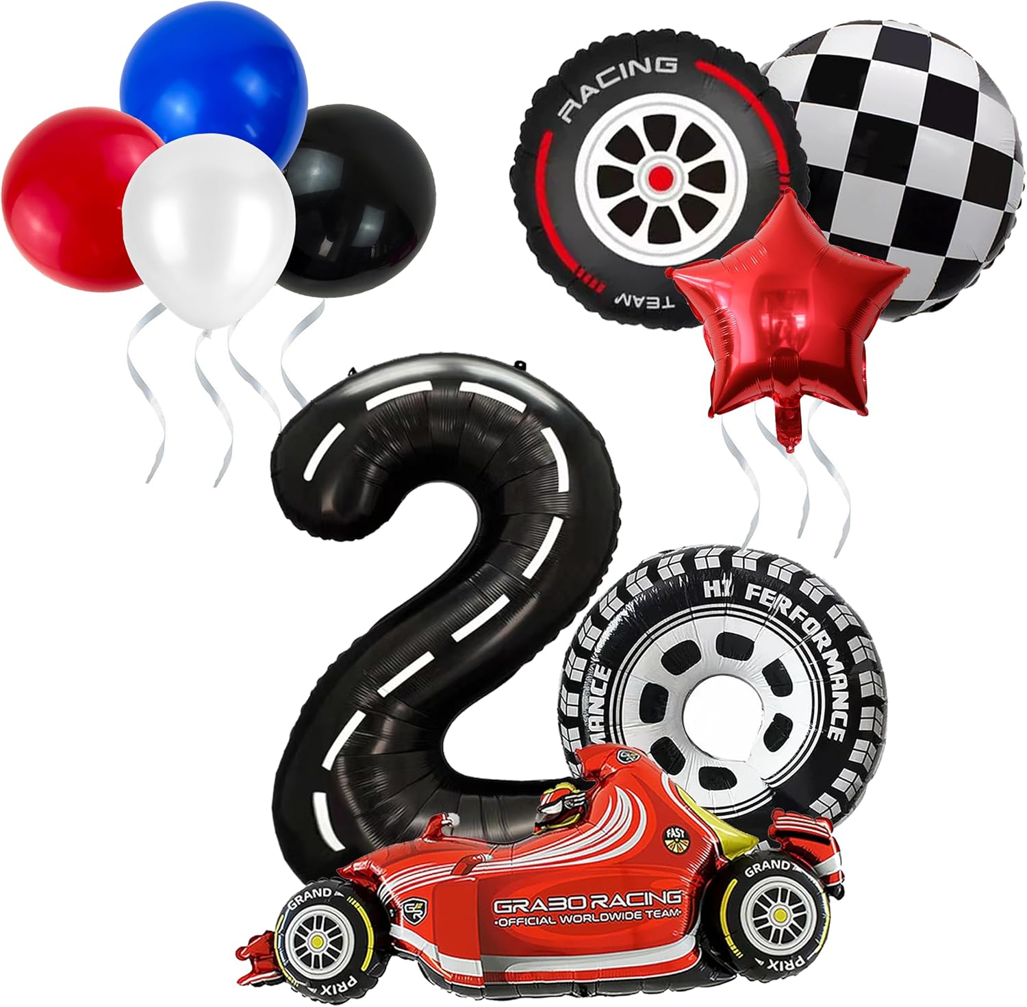 10 globos de 2 cumpleaños de auto de carreras, decoración de fiesta temática de auto de carreras número 2, globos de número de carreras, juego de