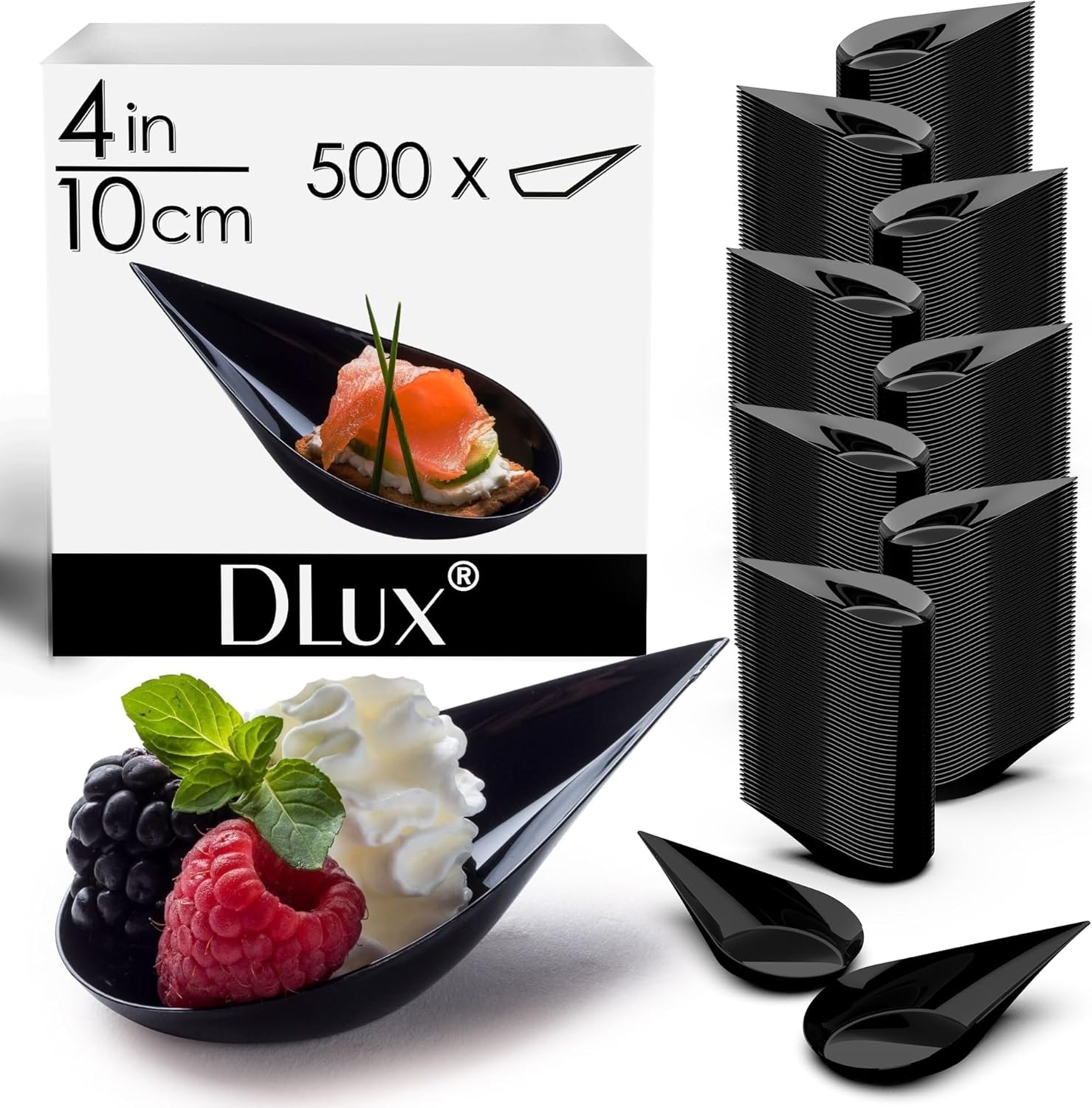 DLux 500 mini platos para aperitivos de 4 pulgadas, cucharas de plástico negro reutilizables, platos de postres y aperitivos, platos para servir,