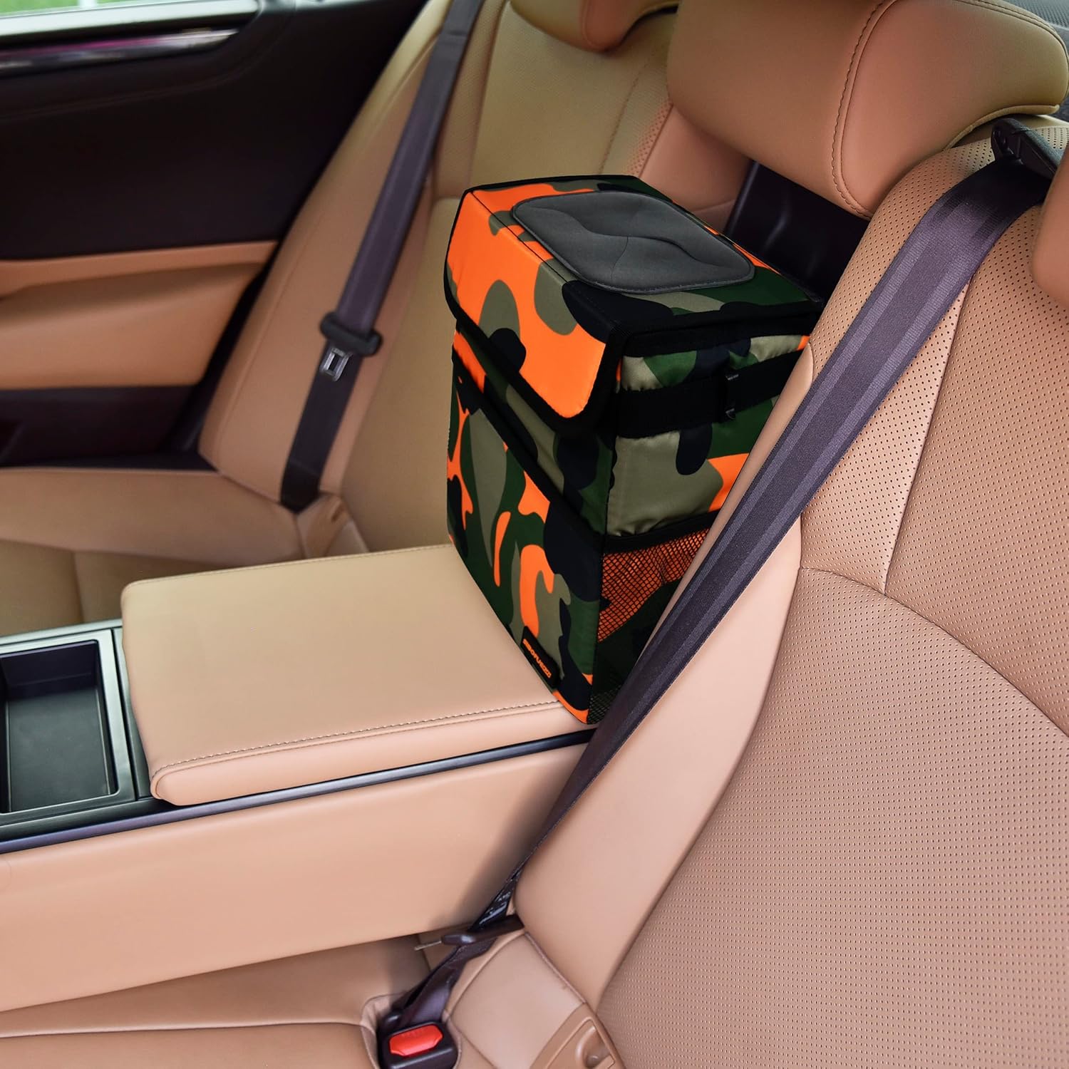 Bonito bote de basura para automóvil con tapa, a prueba de fugas, impermeable, con bolsillos de almacenamiento, organizador plegable multiusos para