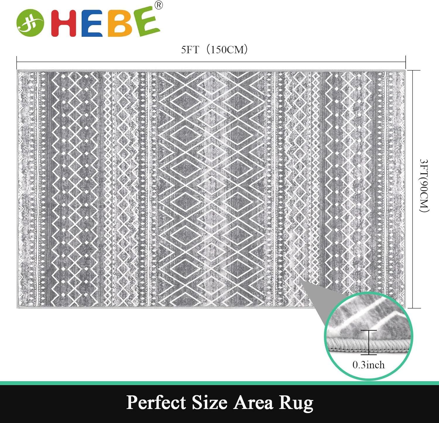 HEBE Alfombra bohemia de 3 x 5 pies, antideslizante, para sala de estar, lavable, alfombra suave para entrada, comedor, alfombra vintage para