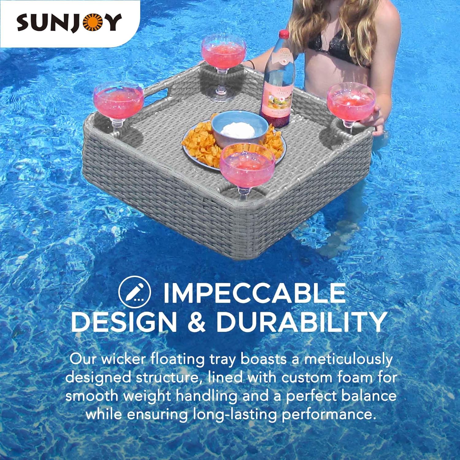 Sunjoy Bandeja flotante de mimbre de 24 x 24 pulgadas. Bandeja de piscina con marco de aluminio, bandeja flotante para servir bebidas, aperitivos y