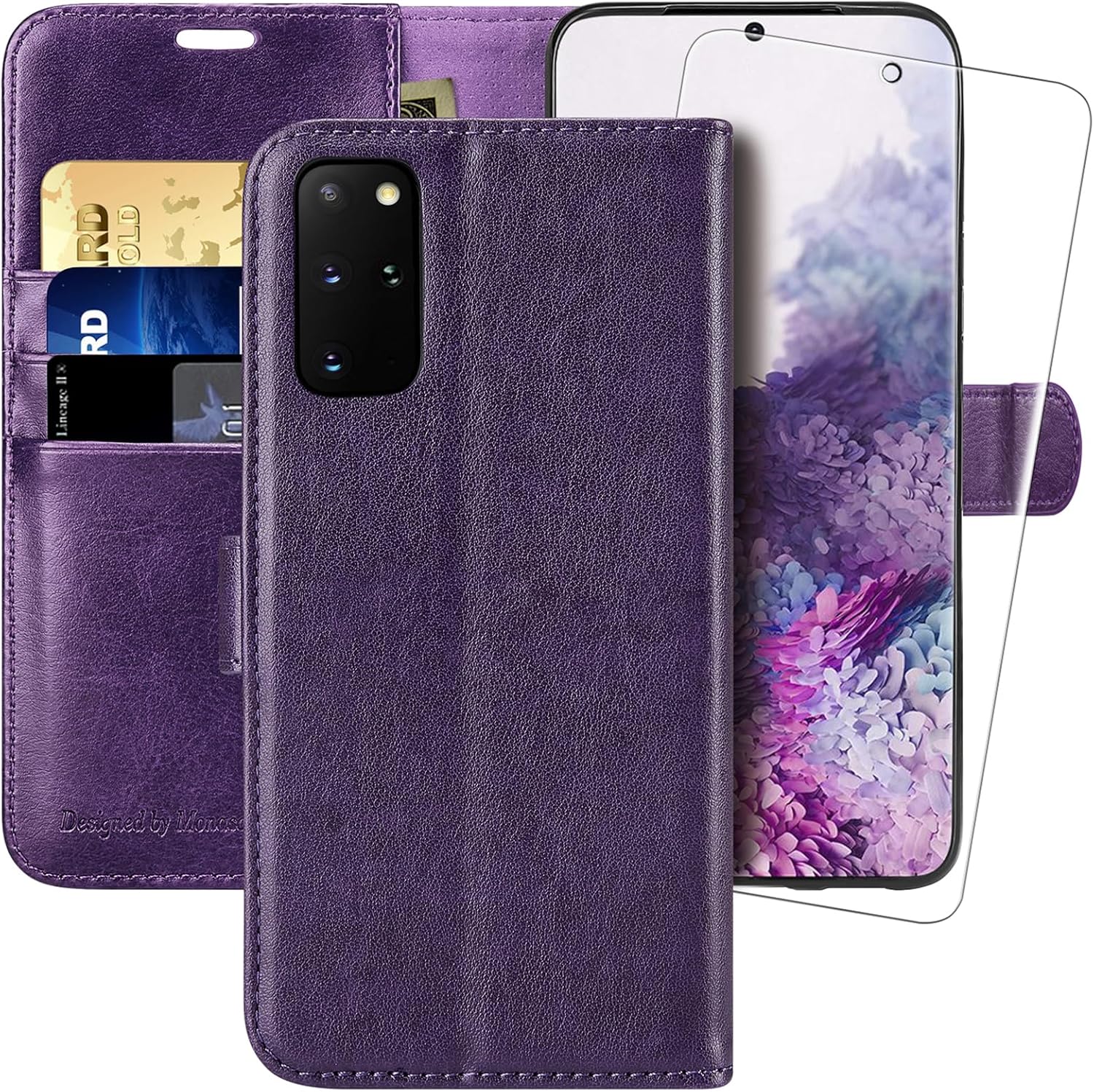 MONASAY Funda tipo cartera compatible con Galaxy S20+ Plus 5G de 6.7 pulgadas, protector de pantalla incluido, funda de piel con tarjetero y