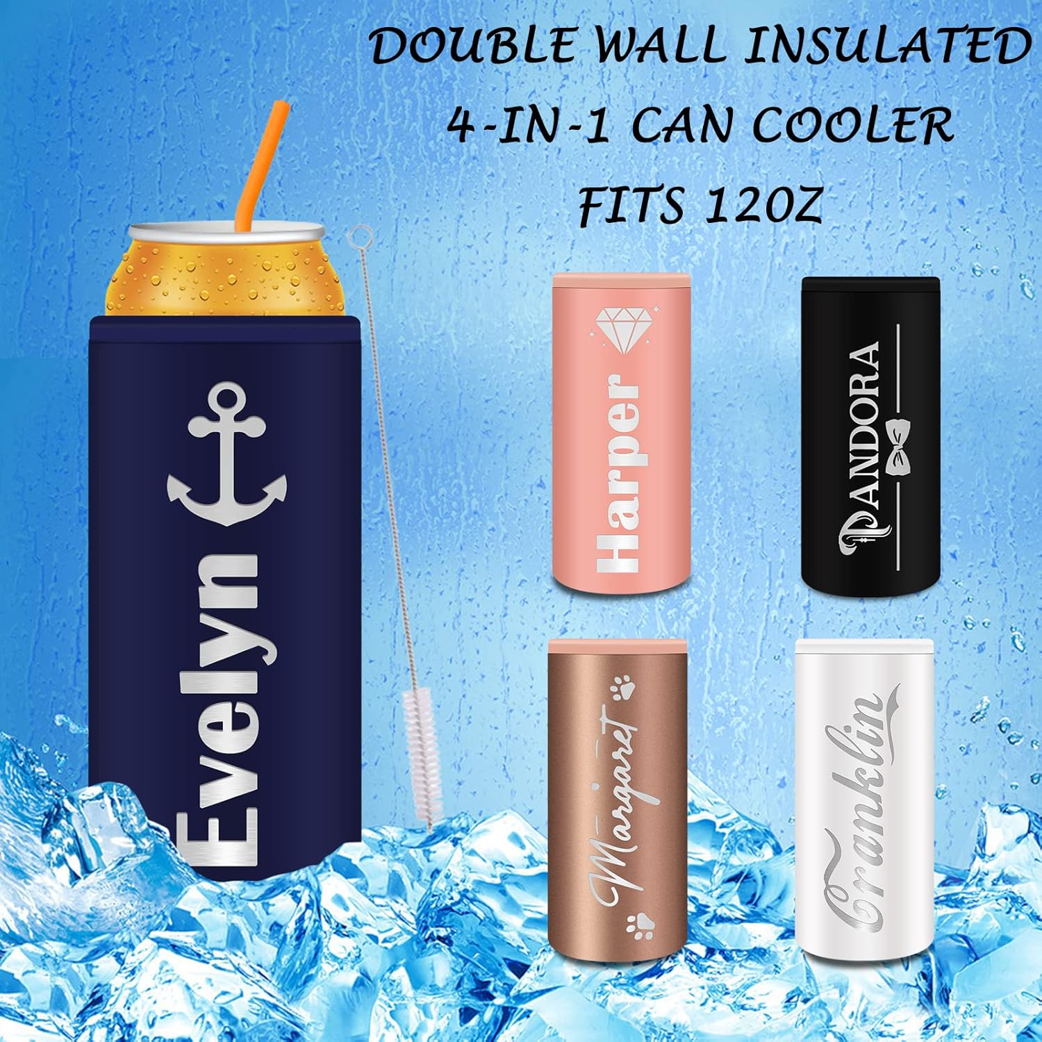Enfriador de latas personalizado grabado de acero inoxidable personalizado de 12 onzas, funda delgada para latas con nombre, soportes de cerveza de