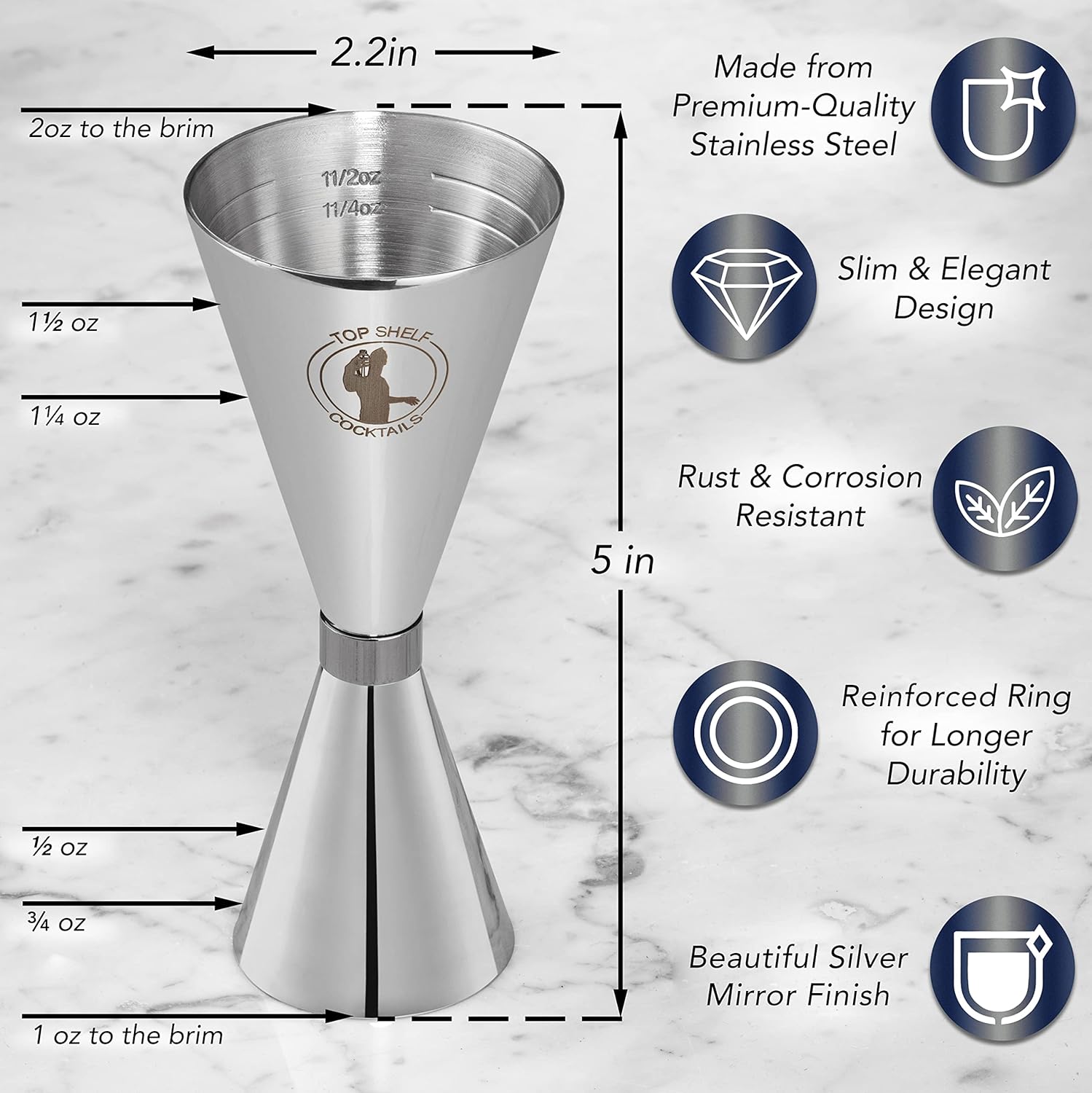 Jigger japonés doble jigger 2oz 1oz cóctel jigger con medidas en el interior para obtener vertidos precisos, plata, 5 pulgadas