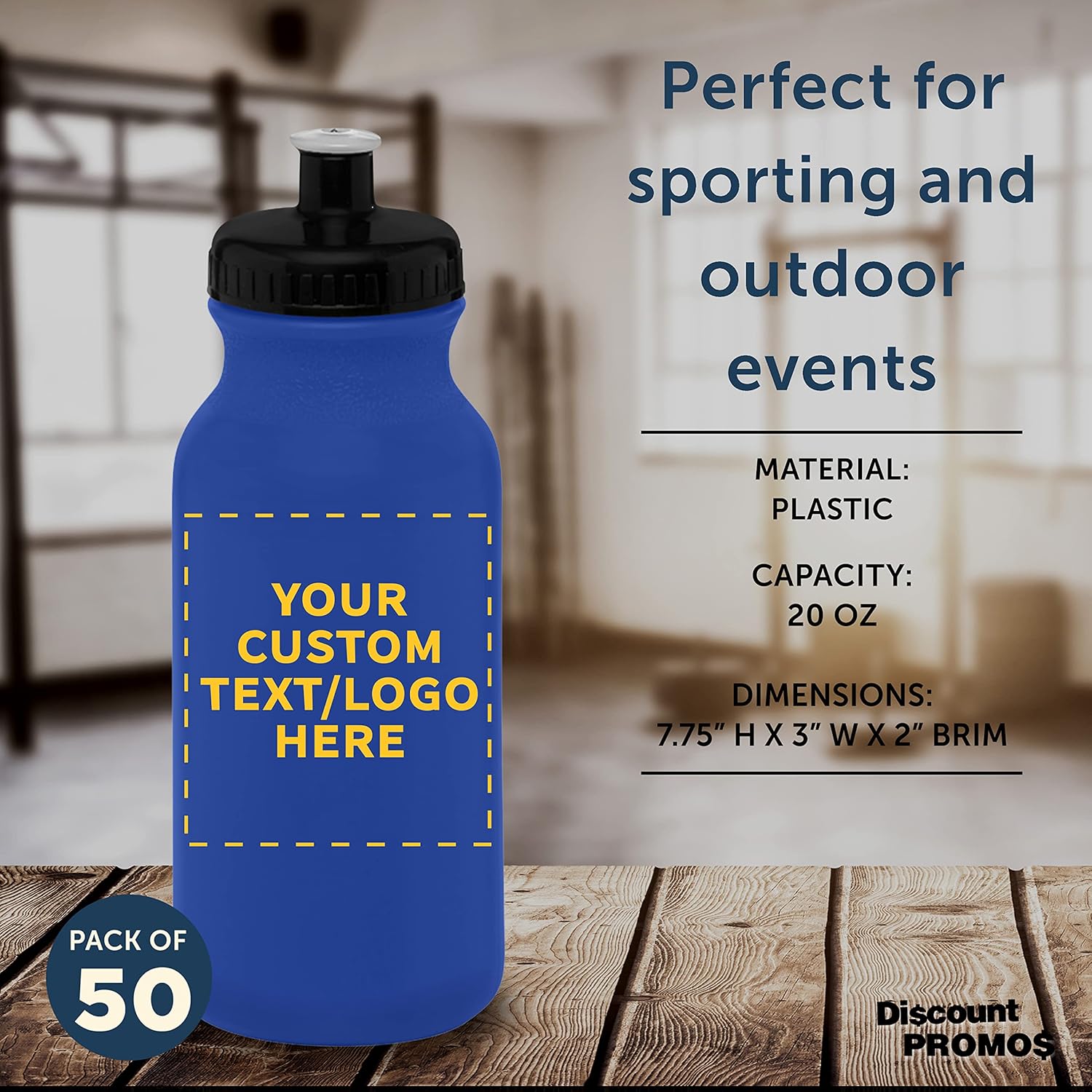 DISCOUNT PROMOS Juego de 50 botellas de agua personalizadas de 20 onzas con tapa a presión, paquete personalizado a granel, perfectas para gimnasio,