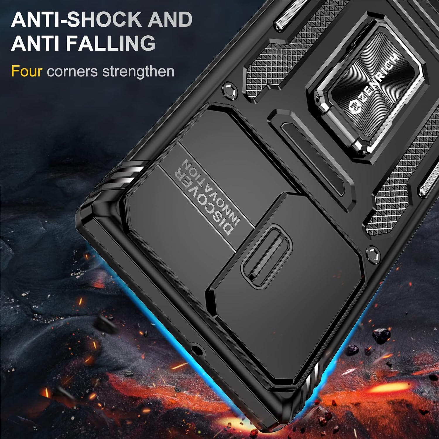ZenRich Funda resistente para Samsung Galaxy S22 con cubierta deslizante para cámara y soporte, funda protectora de doble capa de grado militar