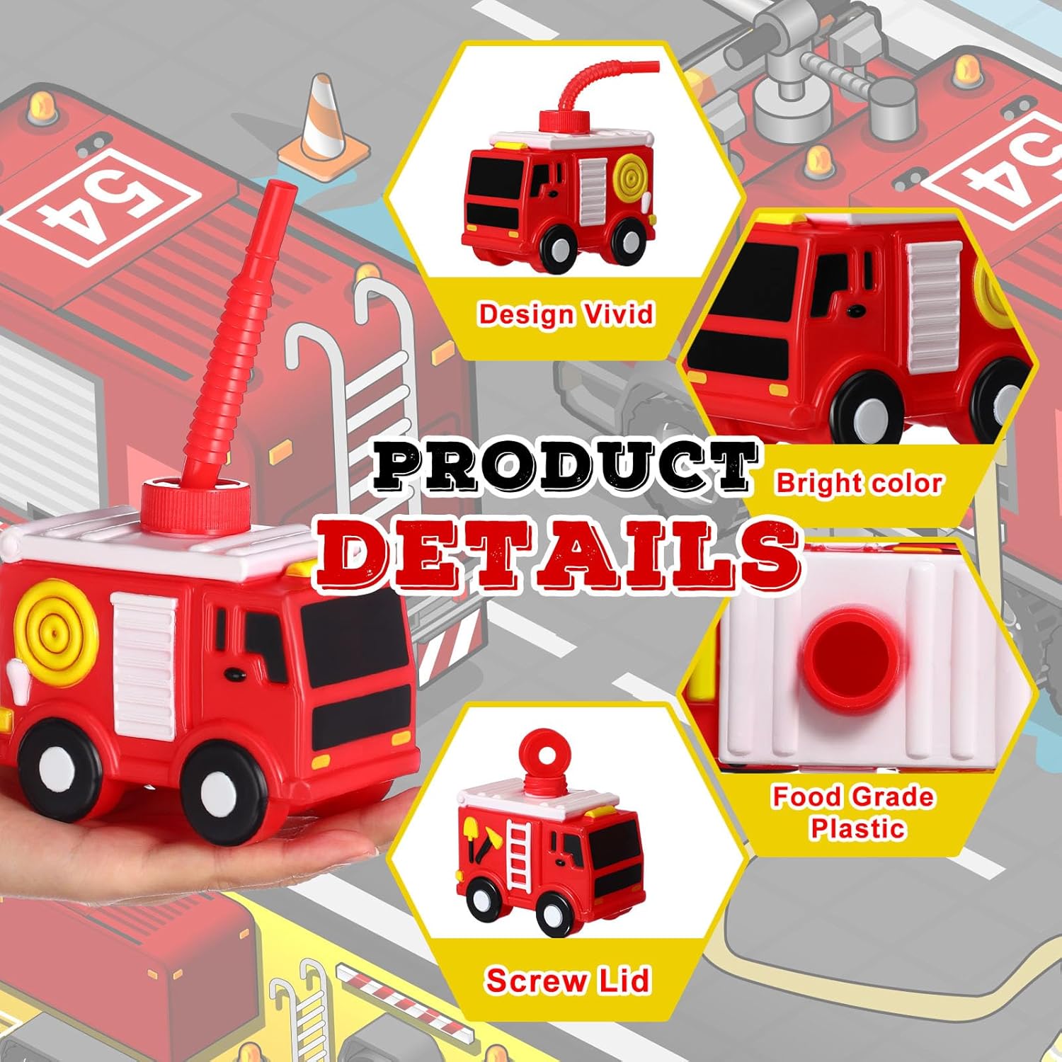 12 juegos de suministros de regalo de fiesta de bomberos, tazas de camión de bomberos con pajitas, taza de plástico con forma de camión de bomberos,