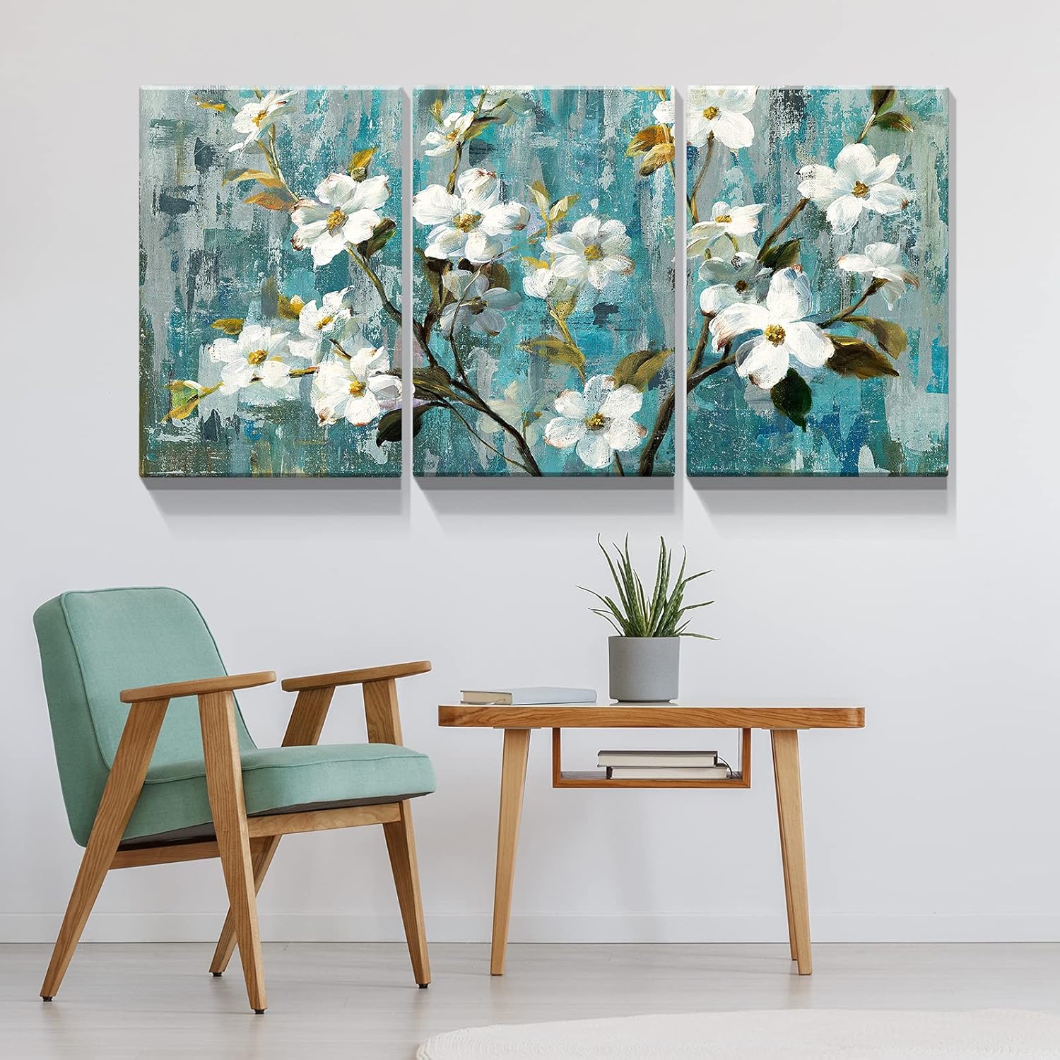 Denozer Arte de pared de flores para baño, decoración de pared de flores blancas con fondo abstracto, lienzo, ilustraciones modernas, lienzo,