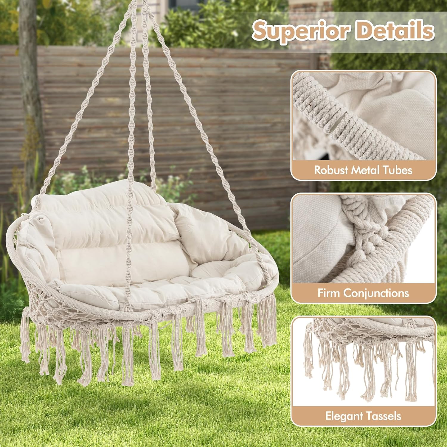 Tangkula 2-Person Hanging Hammock Chair, Boho Style Macrame Hammock Swing with Soft Cushions, Tassels, Indoor Outdoor Cotton Rope Hanging Swing
