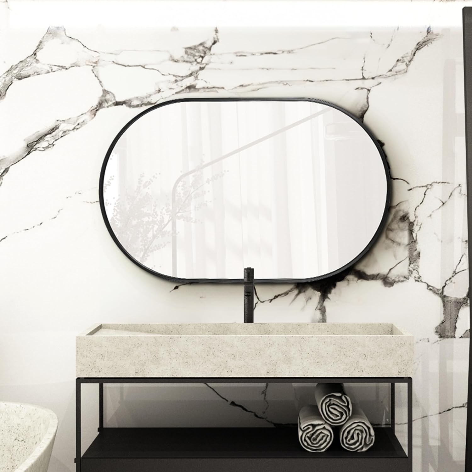 Espejo de pared ovalado, espejo ovalado negro de 20 x 28 pulgadas, espejo de pared ovalado, marco de metal, para colgar vertical y horizontal, ideal