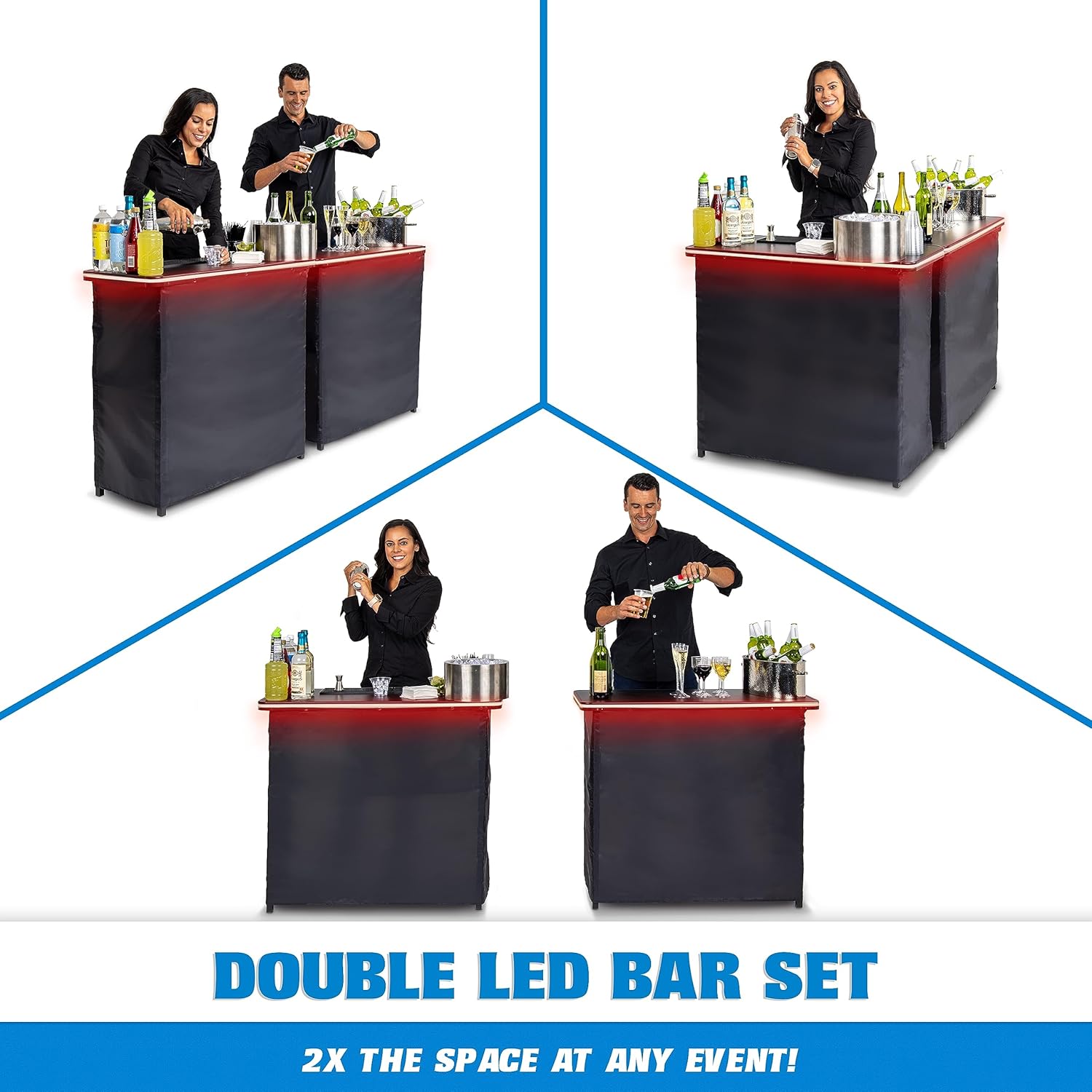 GoBar – Juego de mesa portátil de doble barra con luces LED multicolores, estación móvil de barman para eventos, incluye funda de transporte