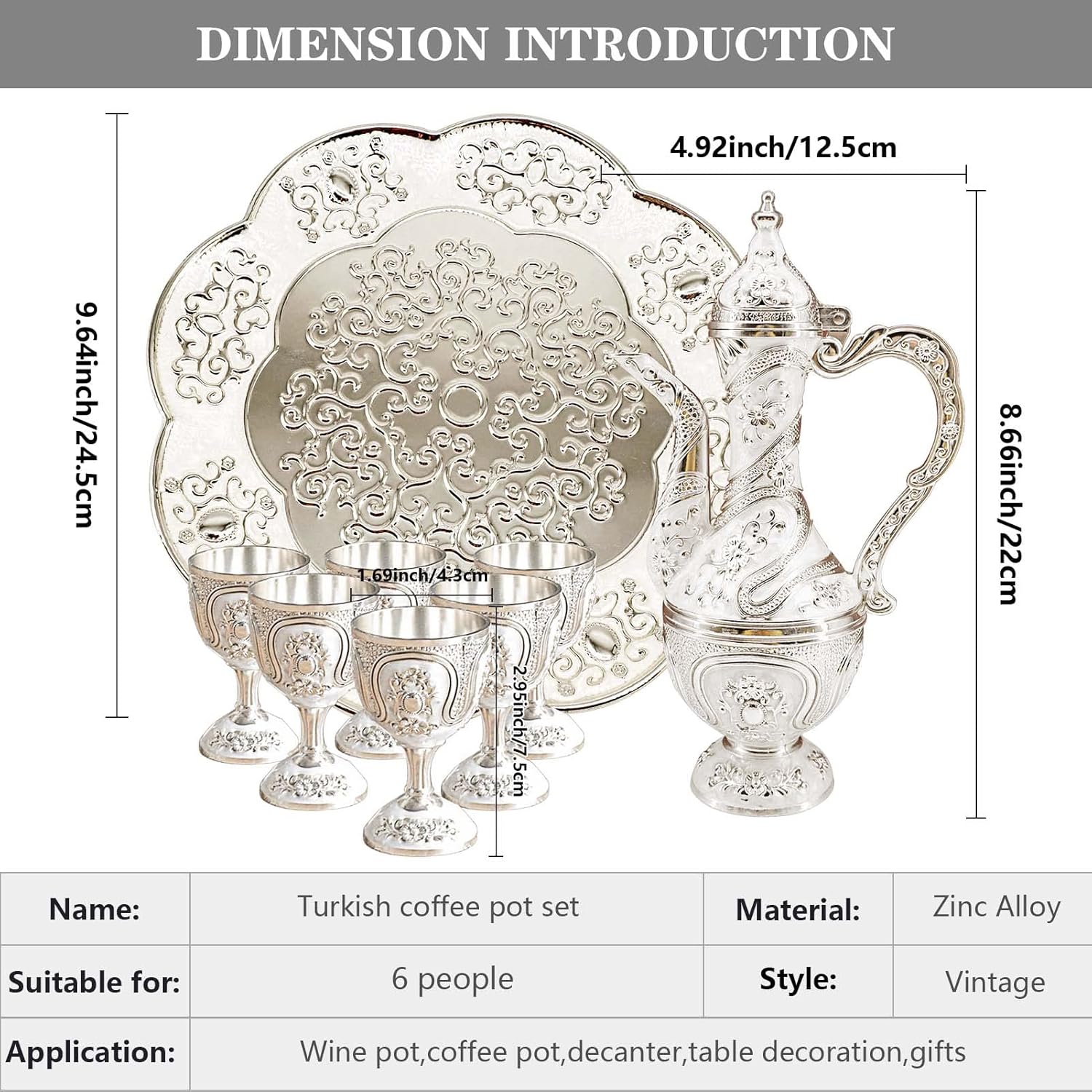 Juego de cafetera y tazas turcas vintage, juego de servicio de té que incluye tetera, bandeja de té y tazas de metal para decoración de gabinetes de