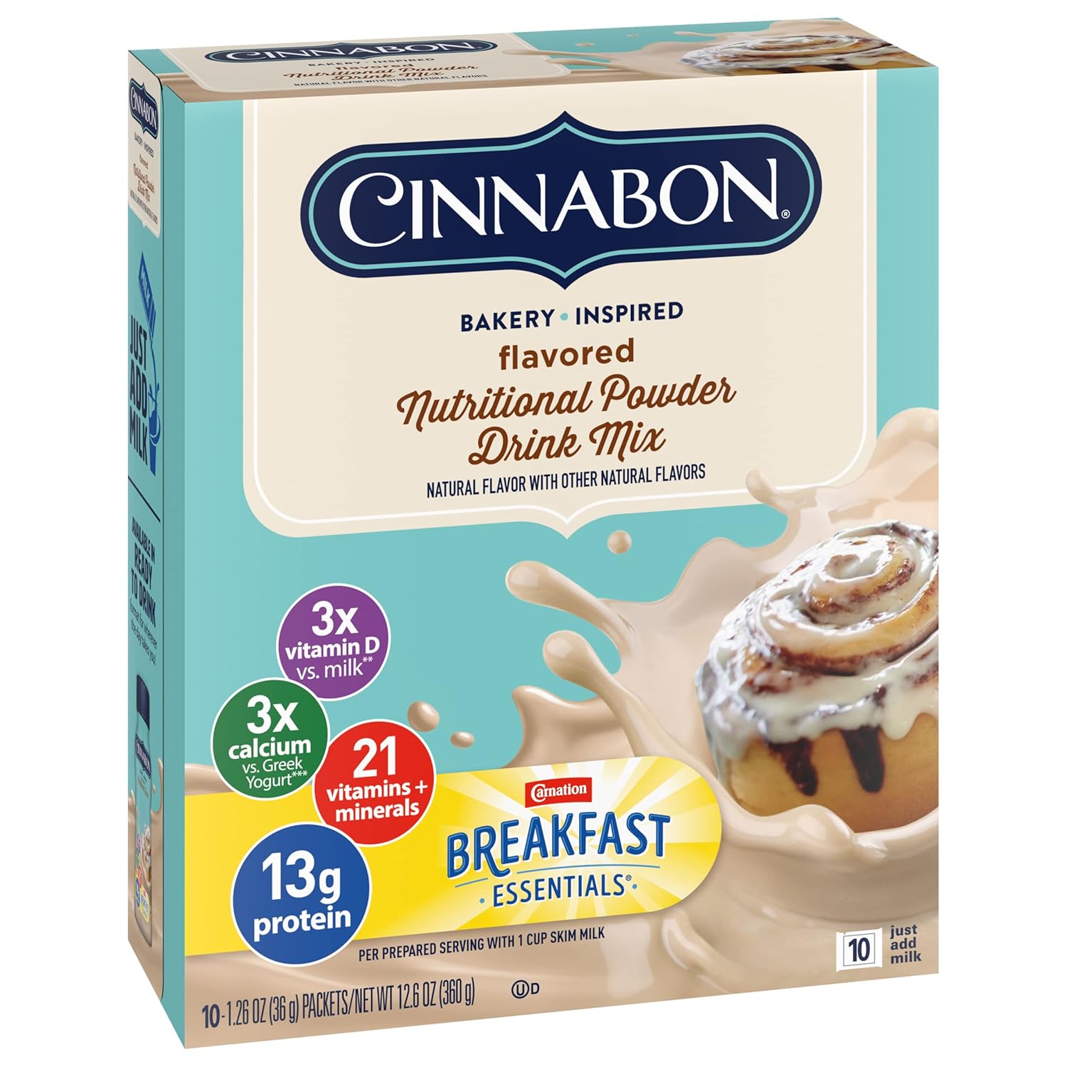 Carnation Breakfast Essentials Mezcla nutricional de bebida en polvo (Cinnabon, paquete de 3)