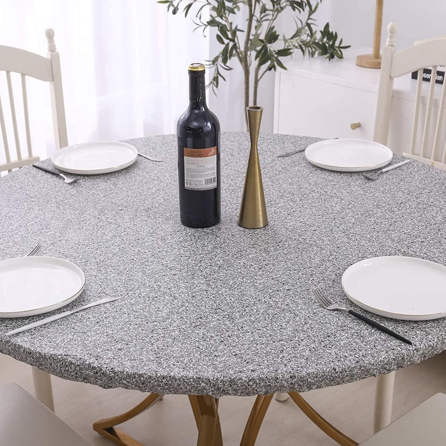 LIBERECOO Mantel redondo de vinilo ajustable impermeable con bordes elásticos, resistente a las manchas, patrón de granito, fundas de mesa de