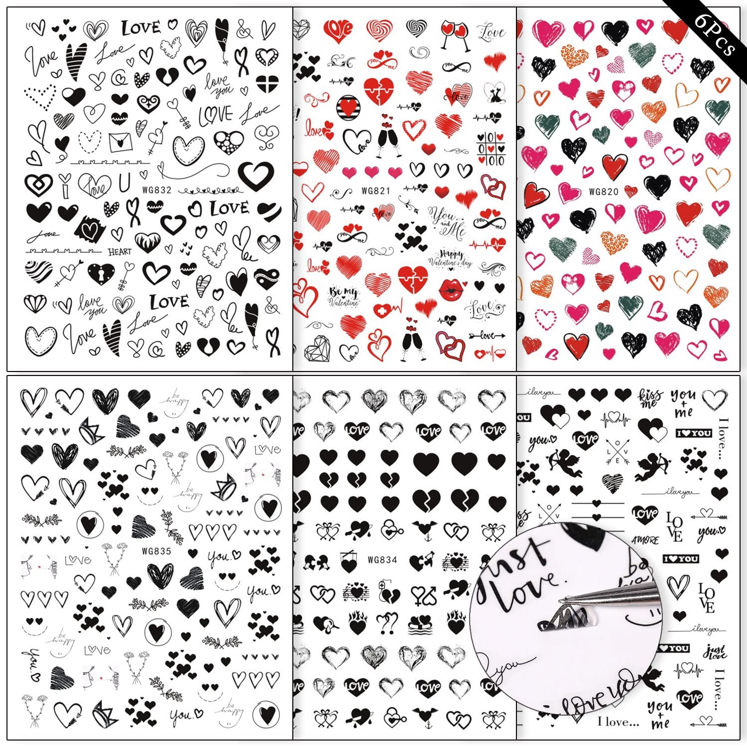 Calcomanías para decorarte las uñas con diseños de San Valentín, diseño de corazón negro y relacionados con el amor, en 3D, autoadhesivas, letras, 6