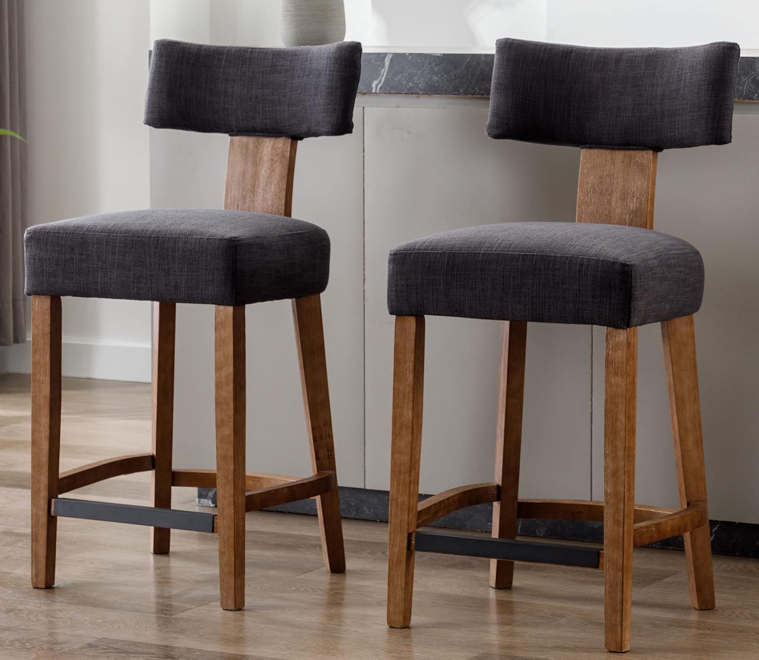 VESCASA Taburetes de bar de altura de mostrador con patas de madera natural, sillas tapizadas modernas de lino de 27 pulgadas de alto con reposapiés