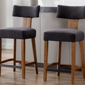 VESCASA Taburetes de bar de altura de mostrador con patas de madera natural, sillas tapizadas modernas de lino de 27 pulgadas de alto con reposapiés VESCASA Taburetes de bar de altura de mostrador con patas de madera natural, sillas tapizadas modernas de lino de 27 pulgadas de alto con reposapiés