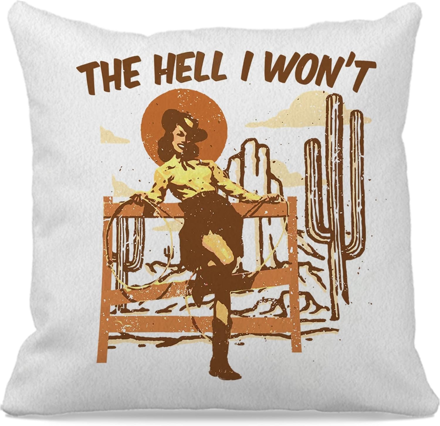Funda de almohada retro de Cowgirl The Hell I Won’t Throw de 18 x 18 pulgadas, funda de cojín decorativa de cactus, vaquera occidental para sala de