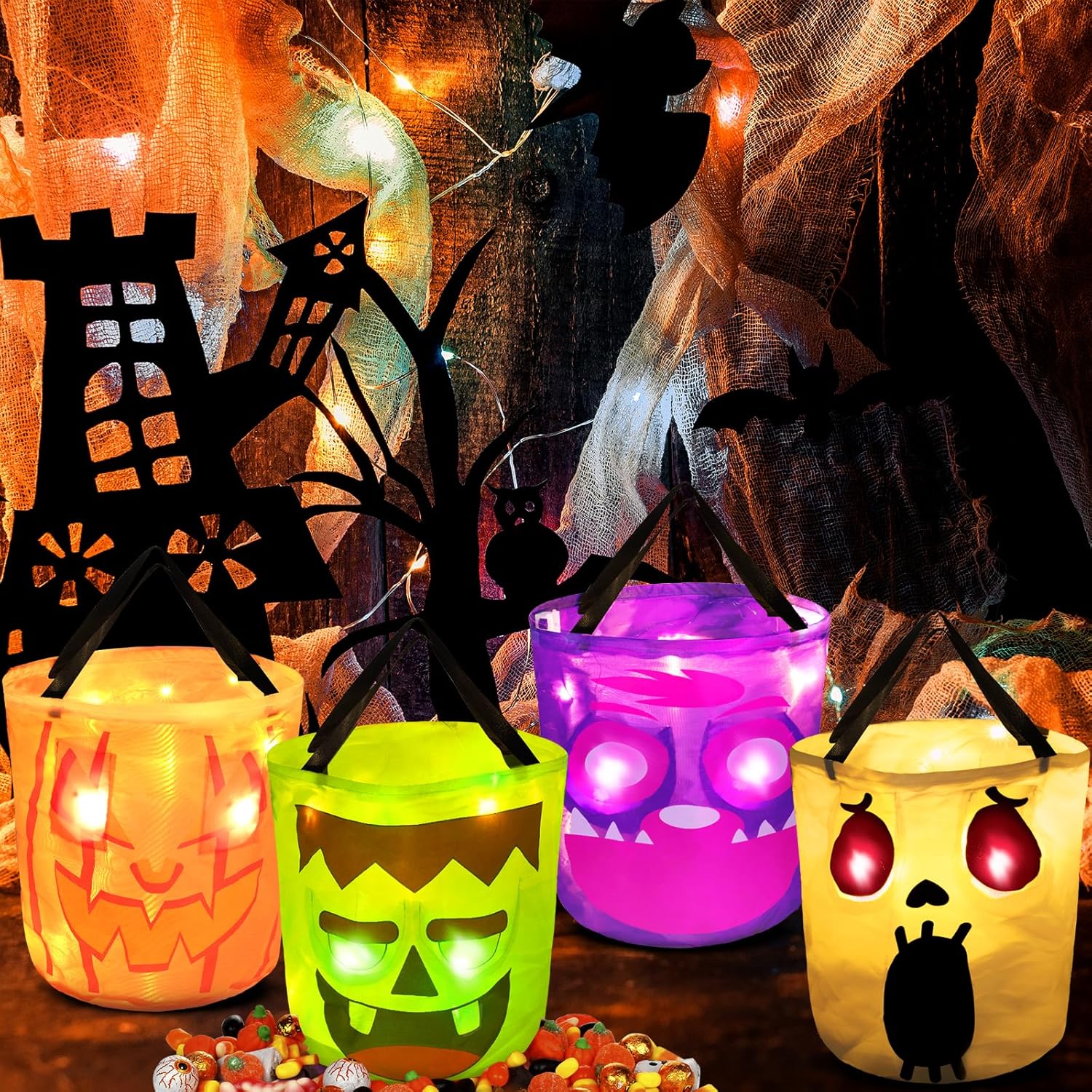 Cubos de Halloween Bolsas de truco o trato, 4 bolsas de dulces de Halloween, cubos de calabaza con luz LED, bolsas de golosinas para niños,