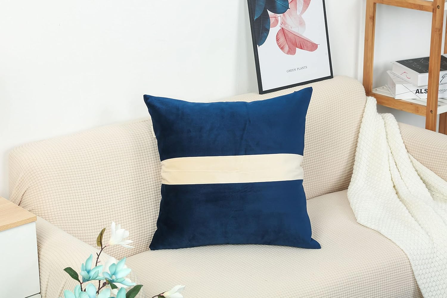 TangDepot Hevey – Funda de cojín decorativa de terciopelo, a rayas blancas crema, súper suave, para interiores y exteriores, (18 x 18 pulgadas, azul