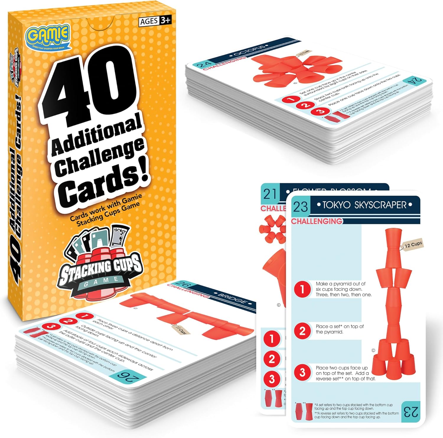 Gamie Juego de cartas de desafío para apilar tazas, 40 cartas adicionales con instrucciones (idioma español no garantizado), 20 cartas medianas y 20
